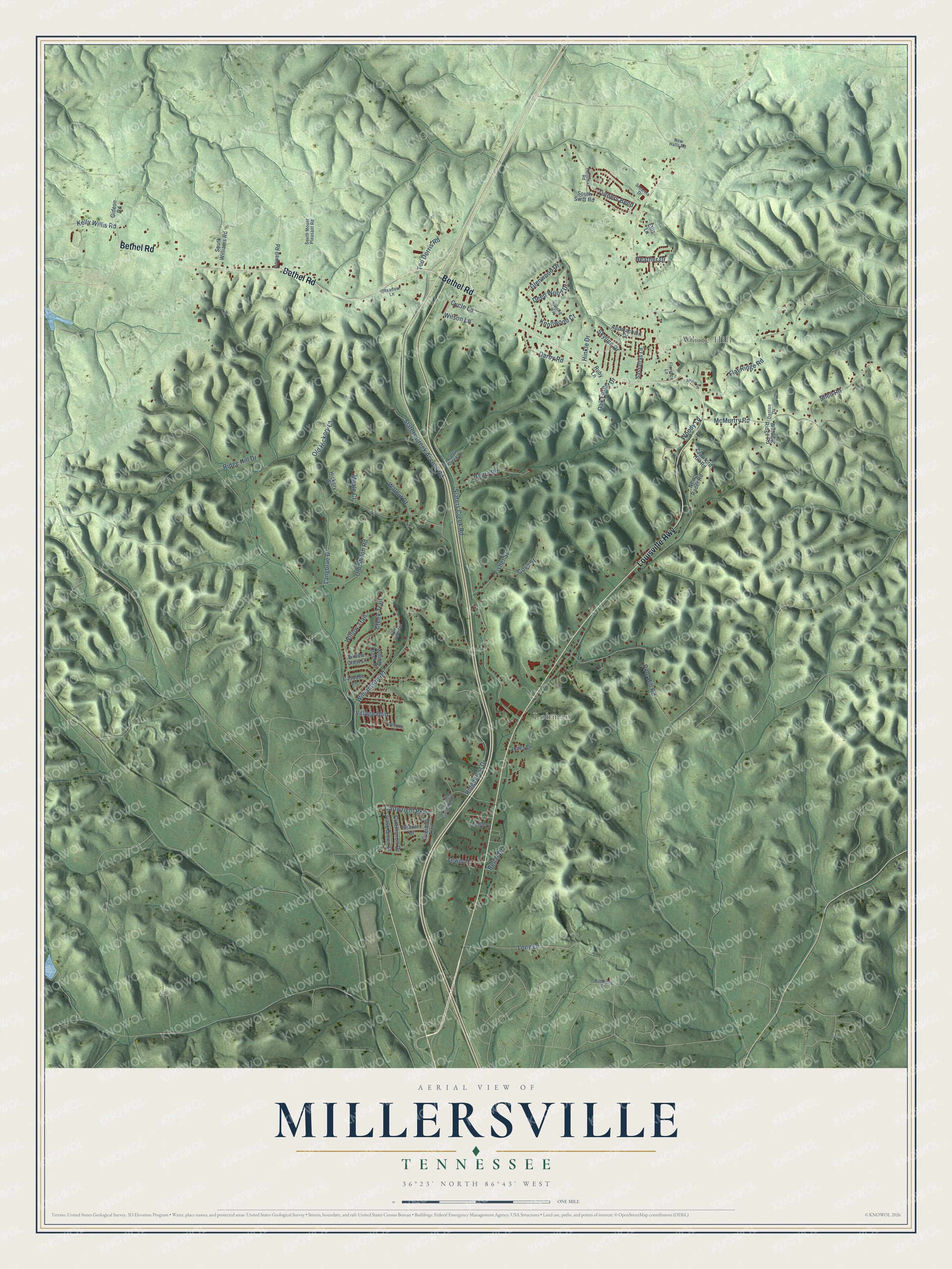 Full map of Millersville, Tennessee, with red buildings, printed street names and the land around them