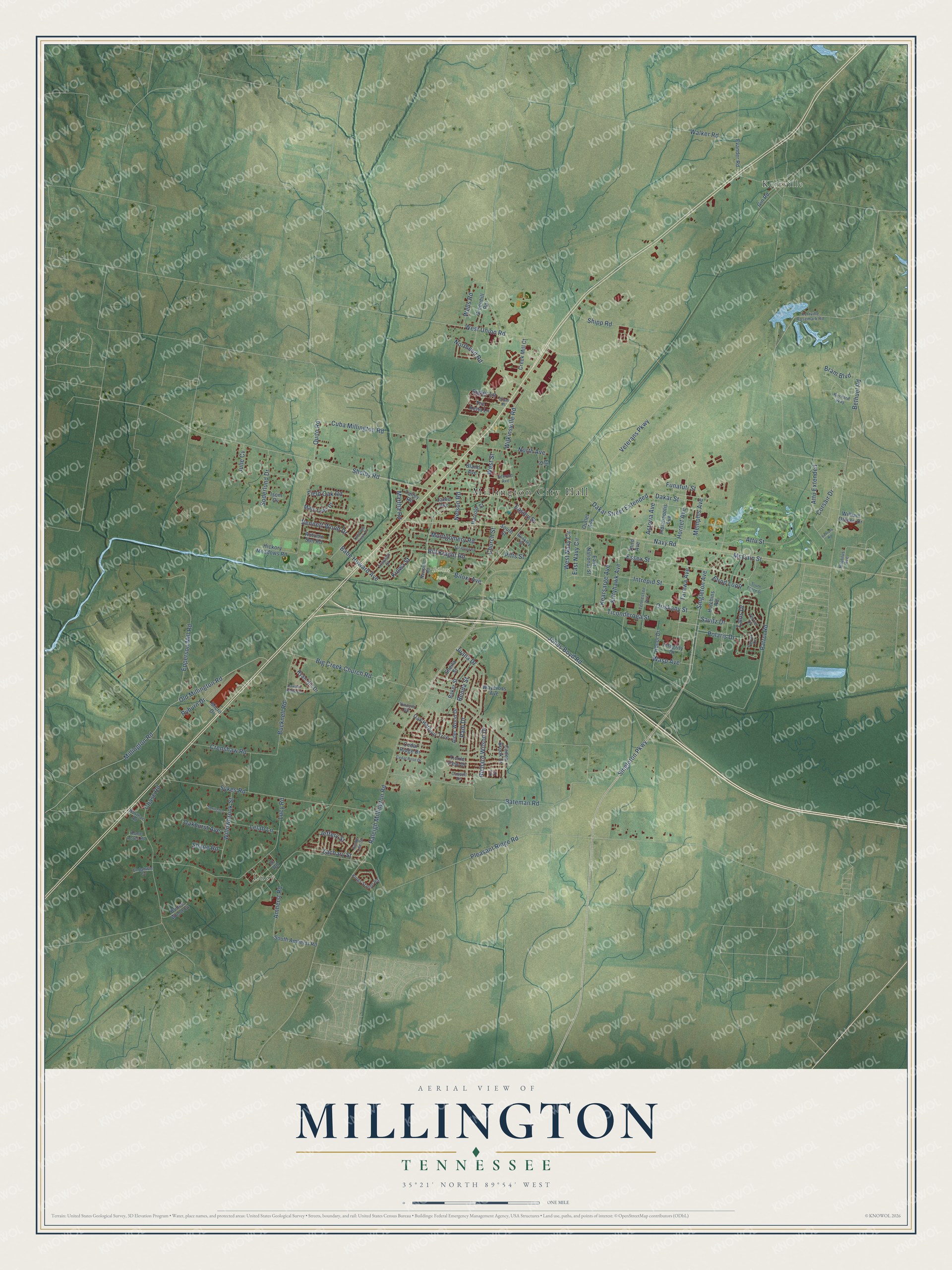 Full map of Millington, Tennessee, with red buildings, printed street names and the land around them