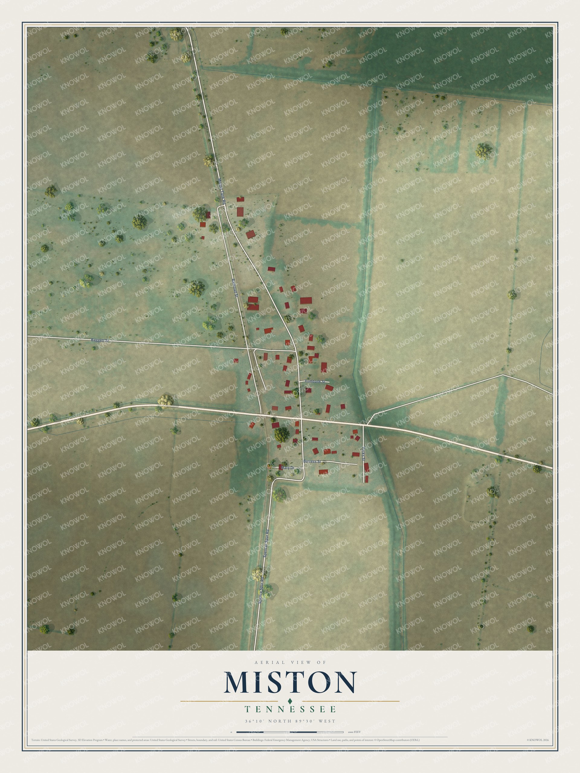 Full map of Miston, Tennessee, with red buildings, printed street names and the land around them