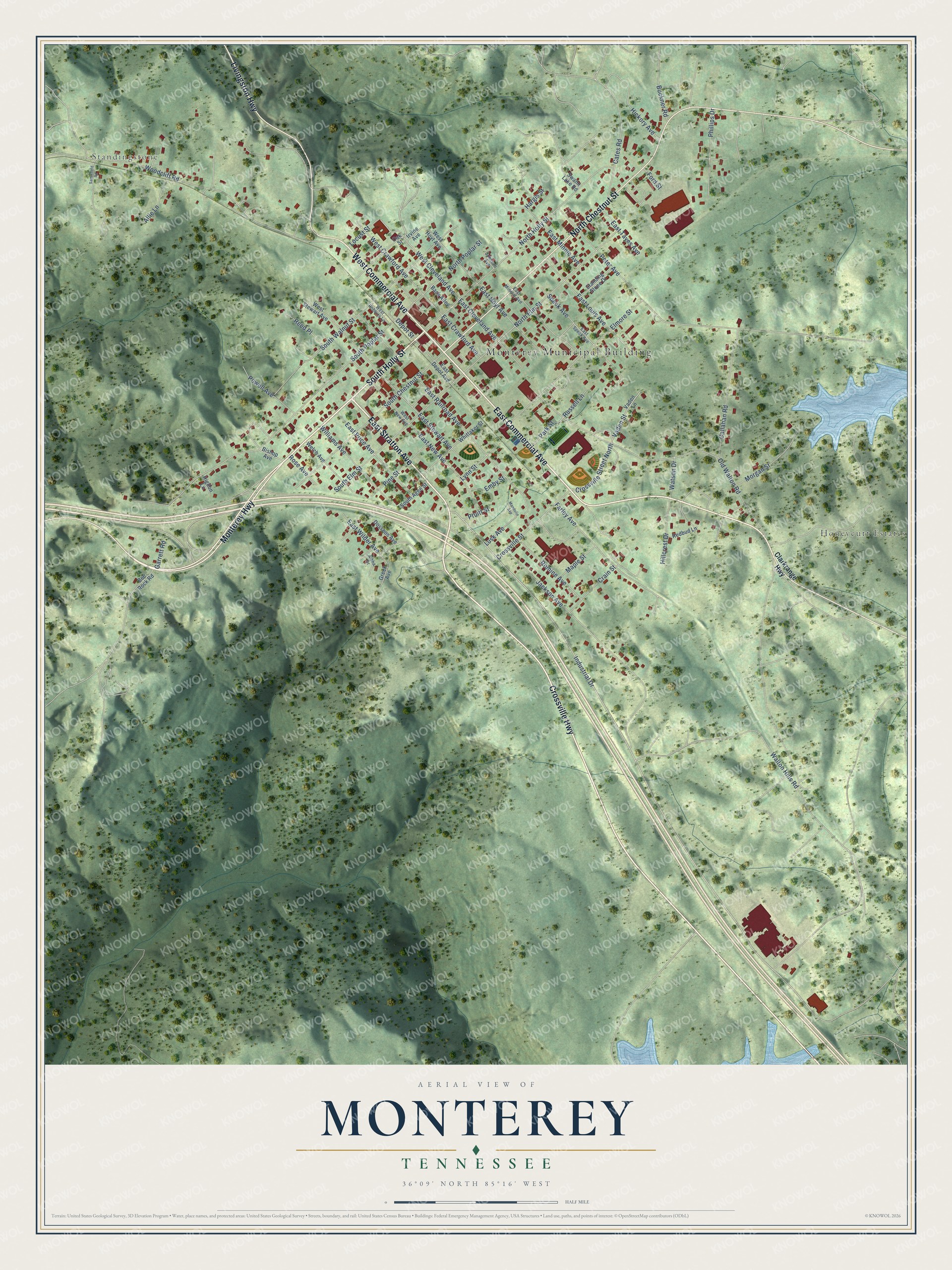 Full map of Monterey, Tennessee, with red buildings, printed street names and the land around them