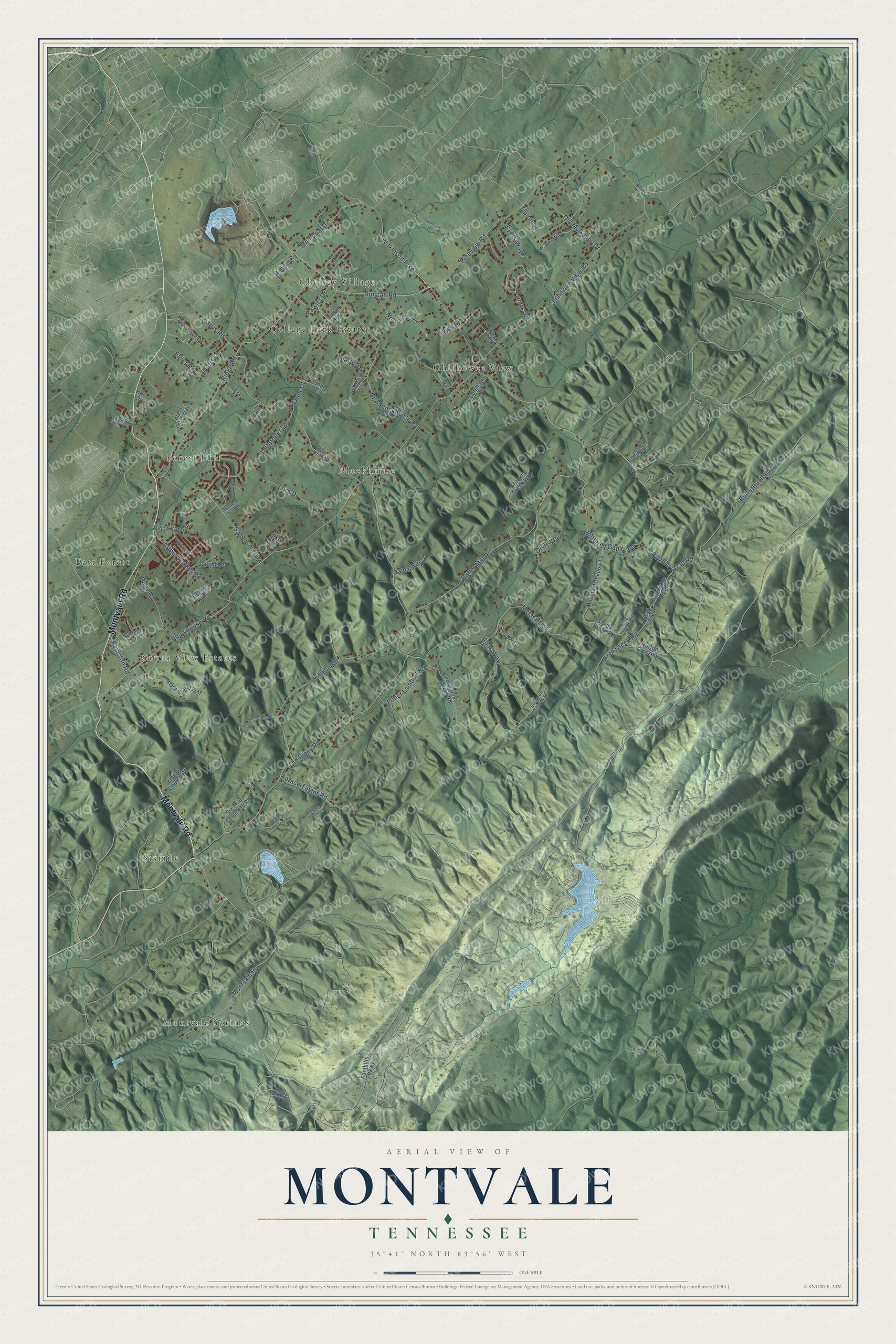Full map of Montvale, Tennessee, with red buildings, printed street names and the land around them