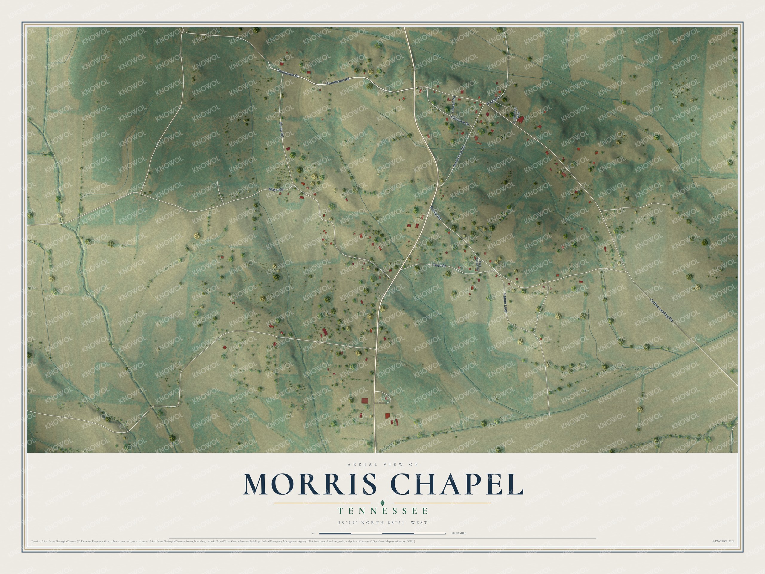 Full map of Morris Chapel, Tennessee, with red buildings, printed street names and the land around them