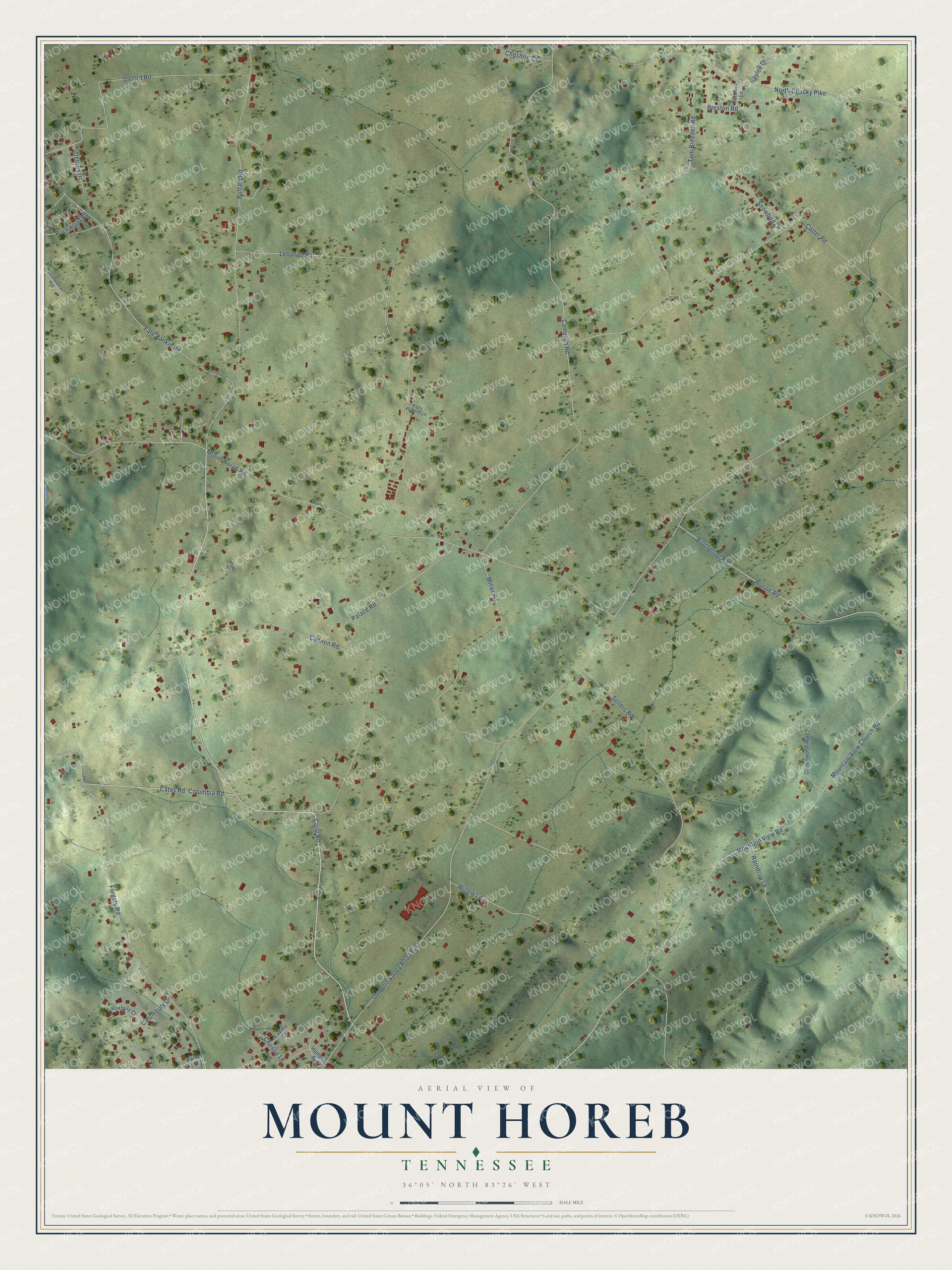 Full map of Mount Horeb, Tennessee, with red buildings, printed street names and the land around them