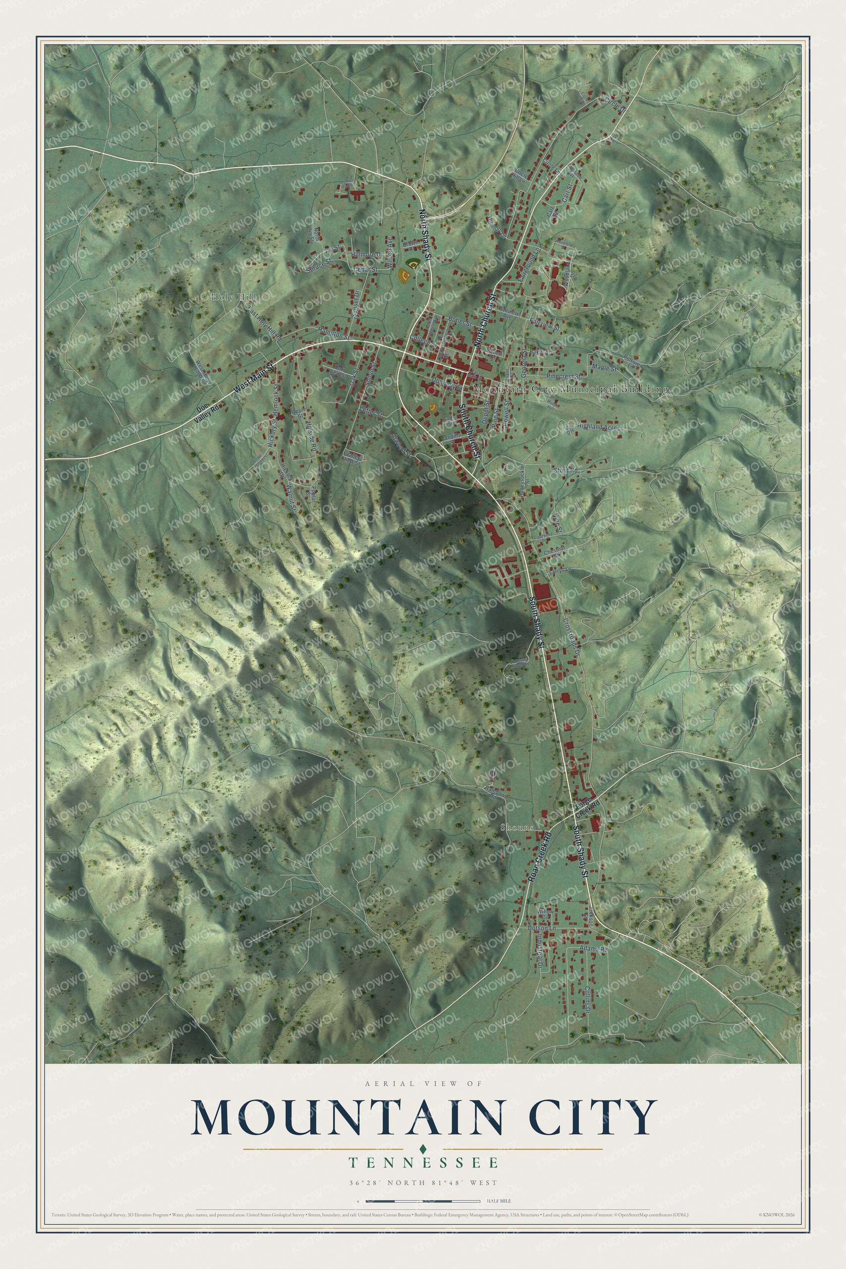 Watermarked full-map preview of Mountain City, Tennessee