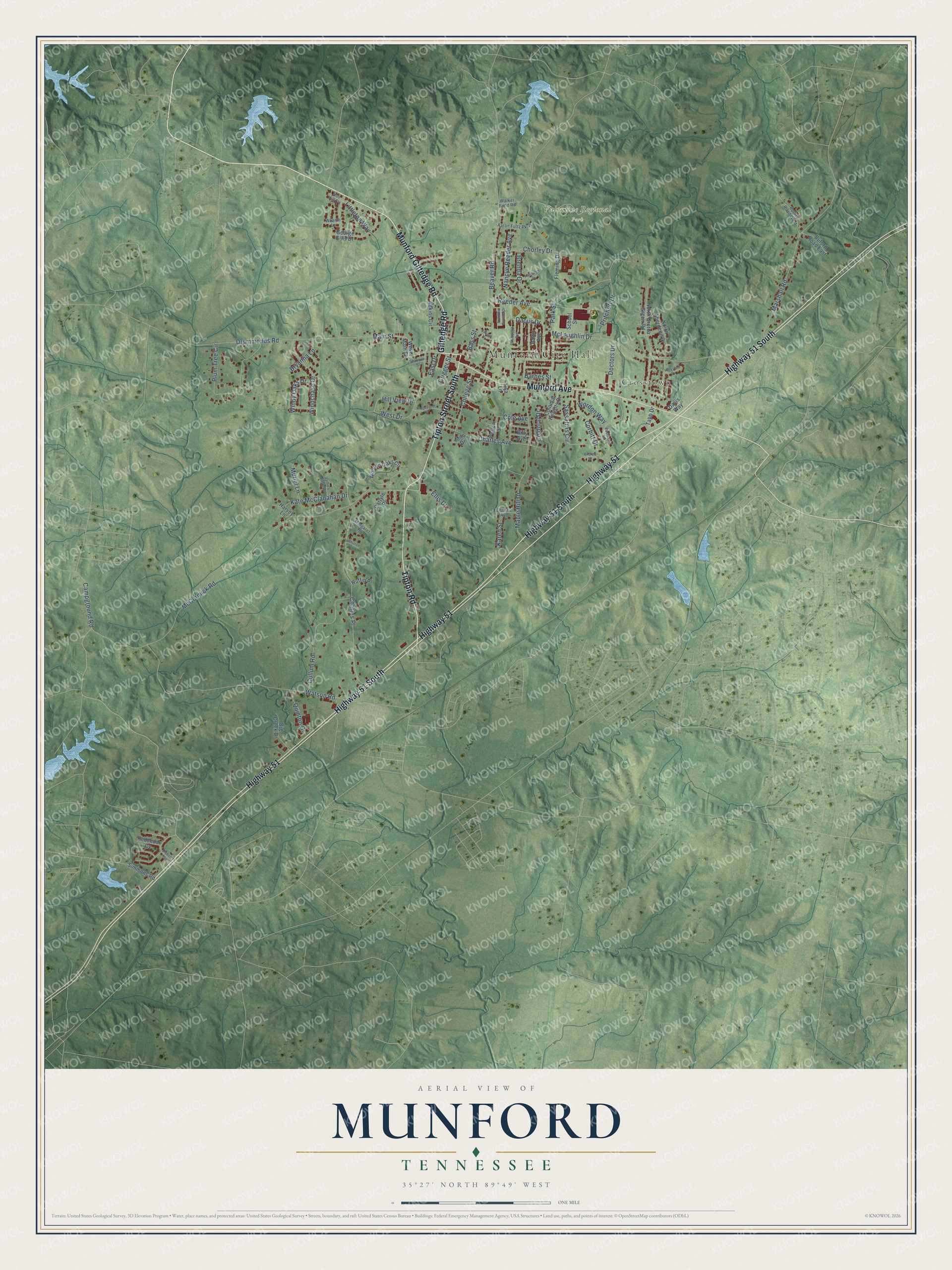 Full map of Munford, Tennessee, with red buildings, printed street names and the land around them