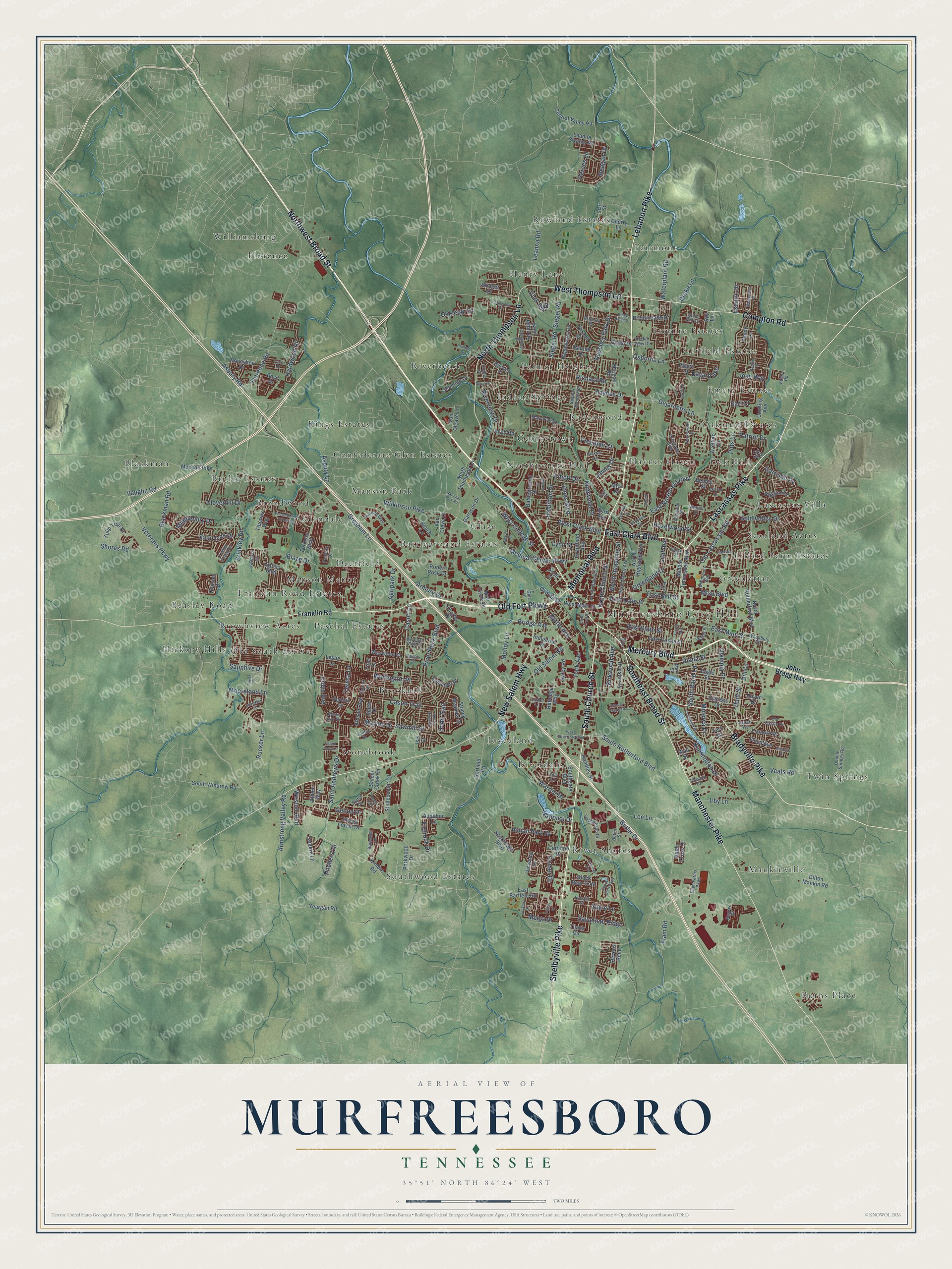 Full map of Murfreesboro, Tennessee, with red buildings, printed street names and the land around them
