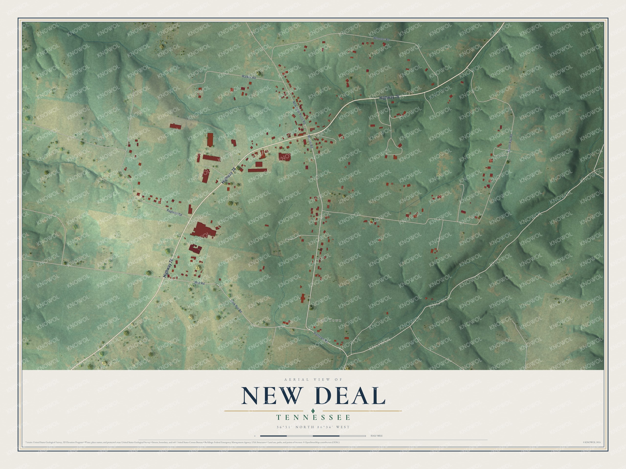 Full map of New Deal, Tennessee, with red buildings, printed street names and the land around them