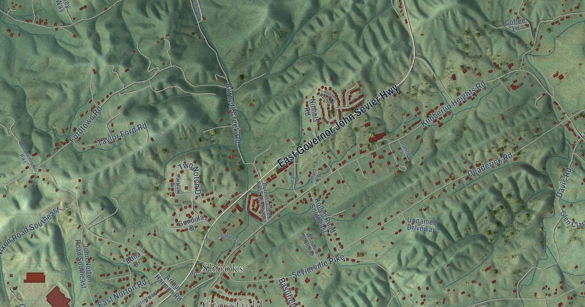 Close-up of streets and buildings in New Hopewell, Tennessee