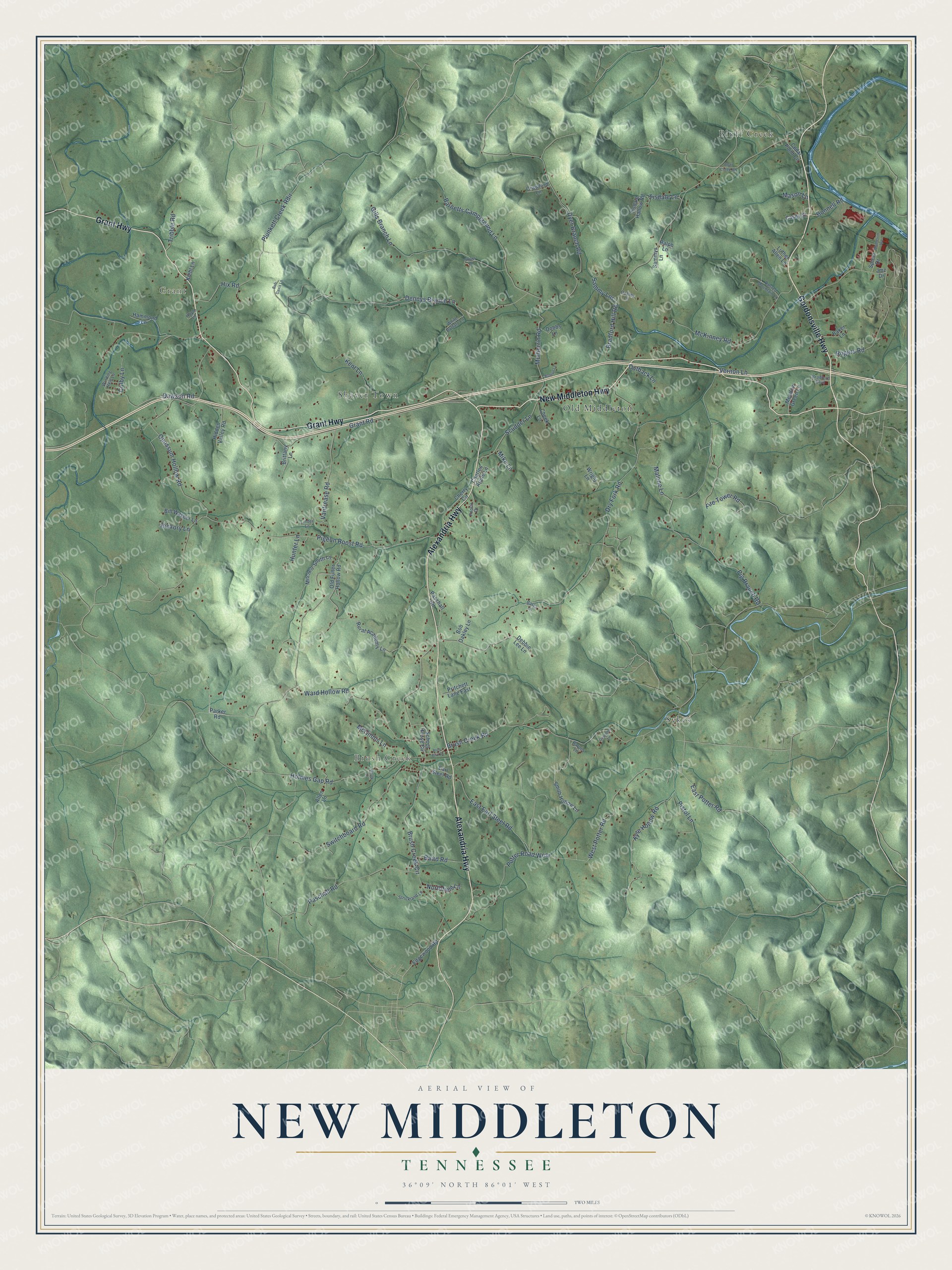 Full map of New Middleton, Tennessee, with red buildings, printed street names and the land around them