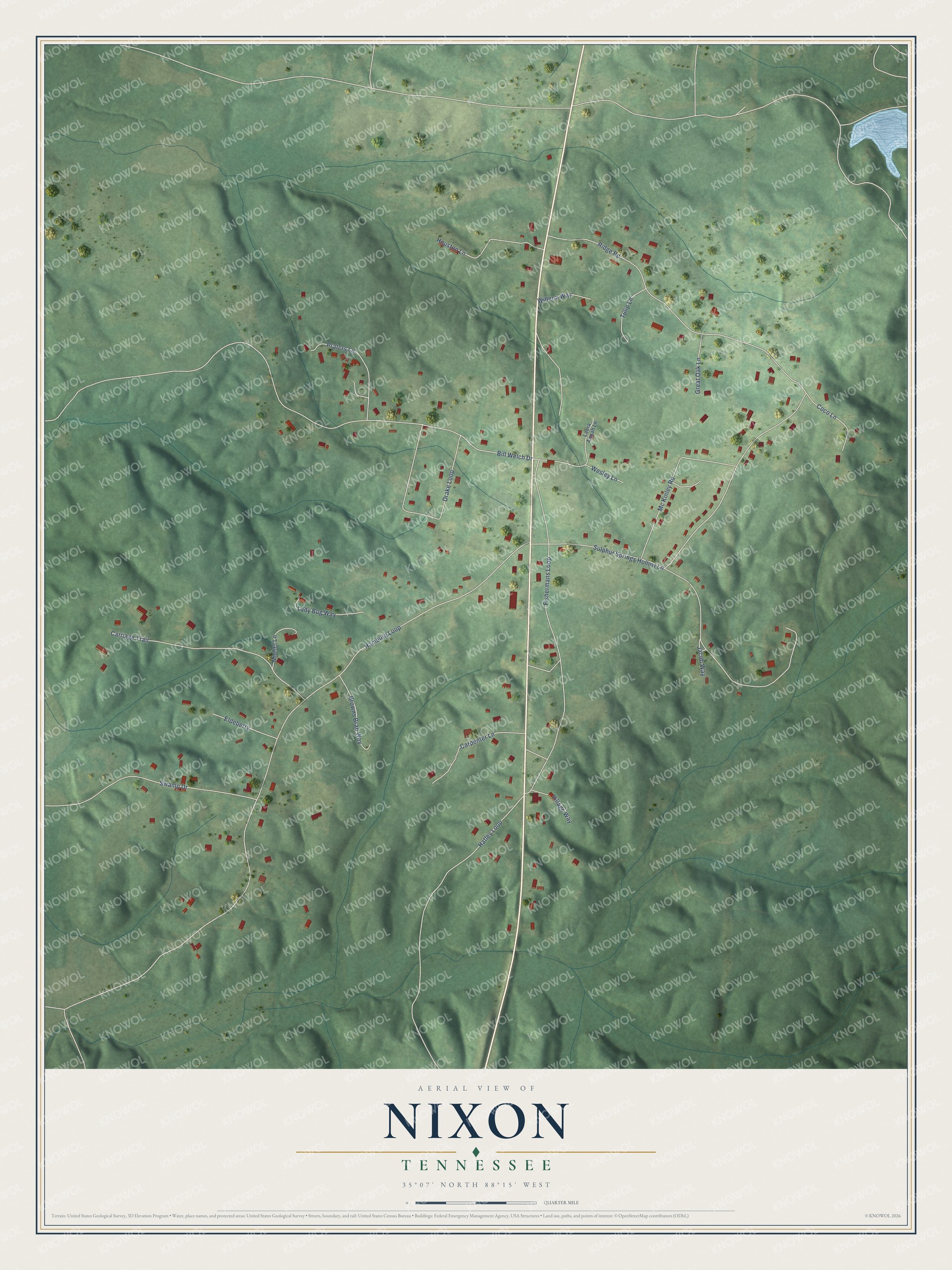 Full map of Nixon, Tennessee, with red buildings, printed street names and the land around them