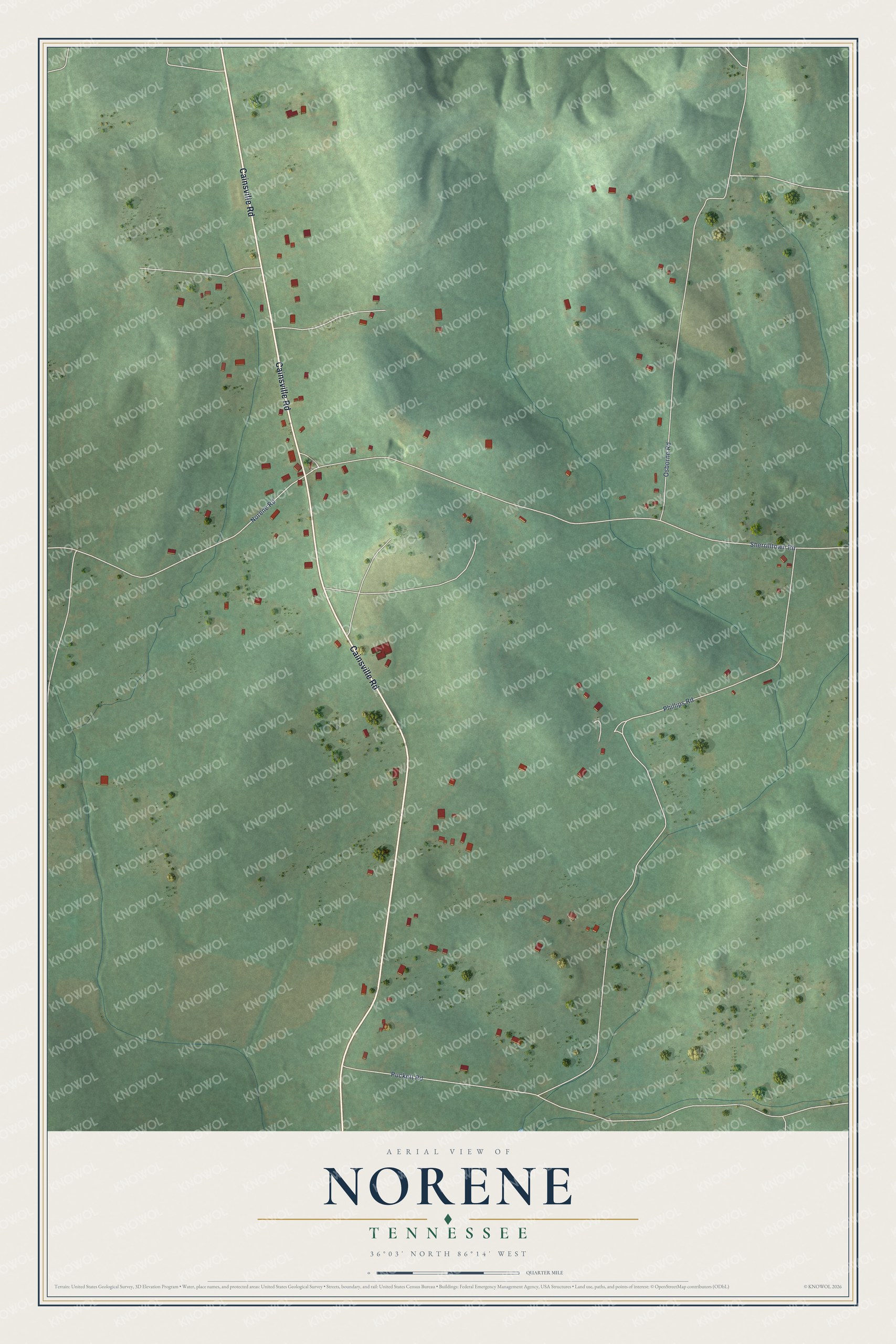 Full map of Norene, Tennessee, with red buildings, printed street names and the land around them