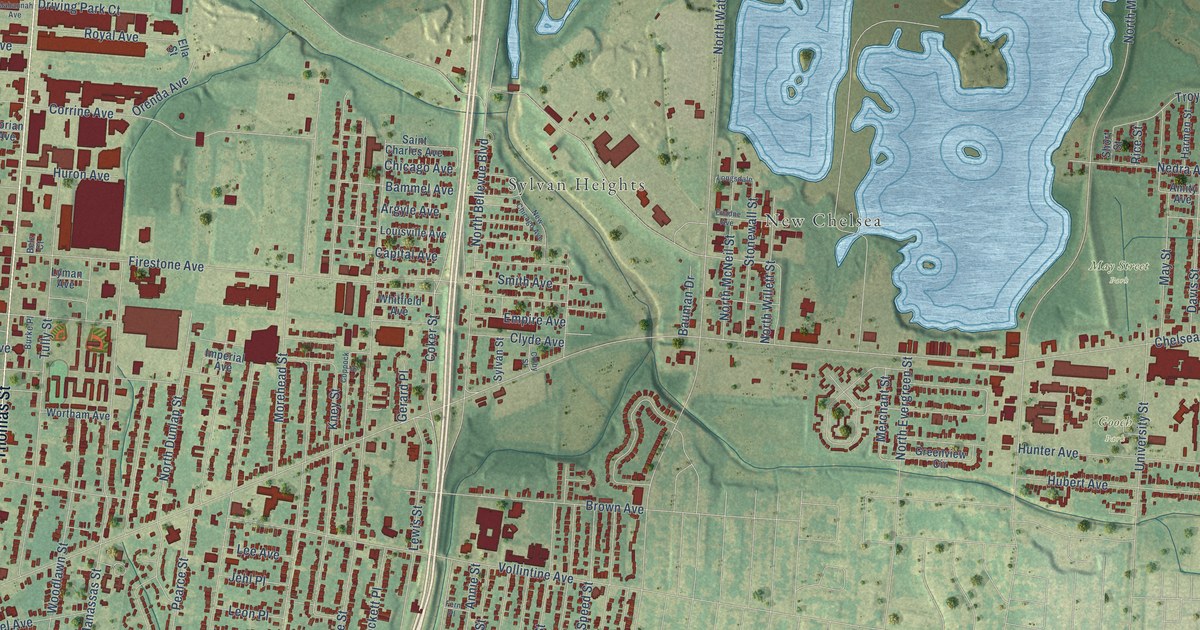 Close-up of streets and buildings in North Memphis, Tennessee