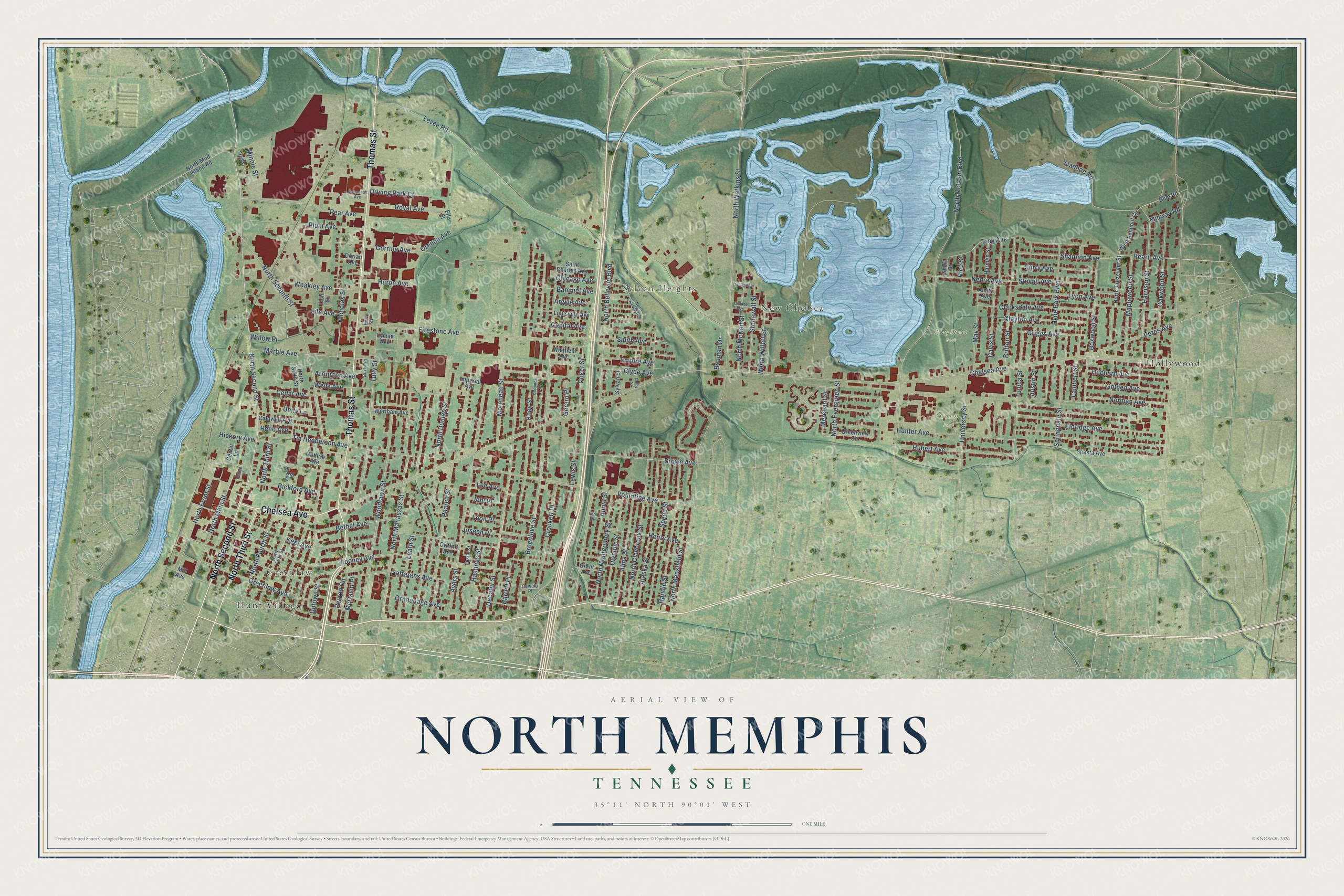 Full map of North Memphis, Tennessee, with red buildings, printed street names and the land around them