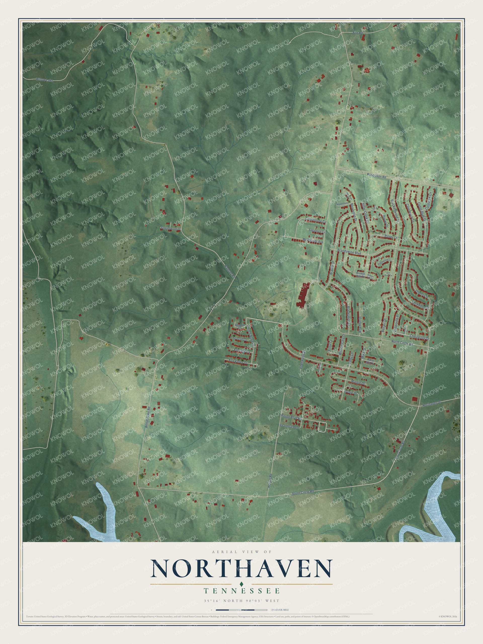 Full map of Northaven, Tennessee, with red buildings, printed street names and the land around them