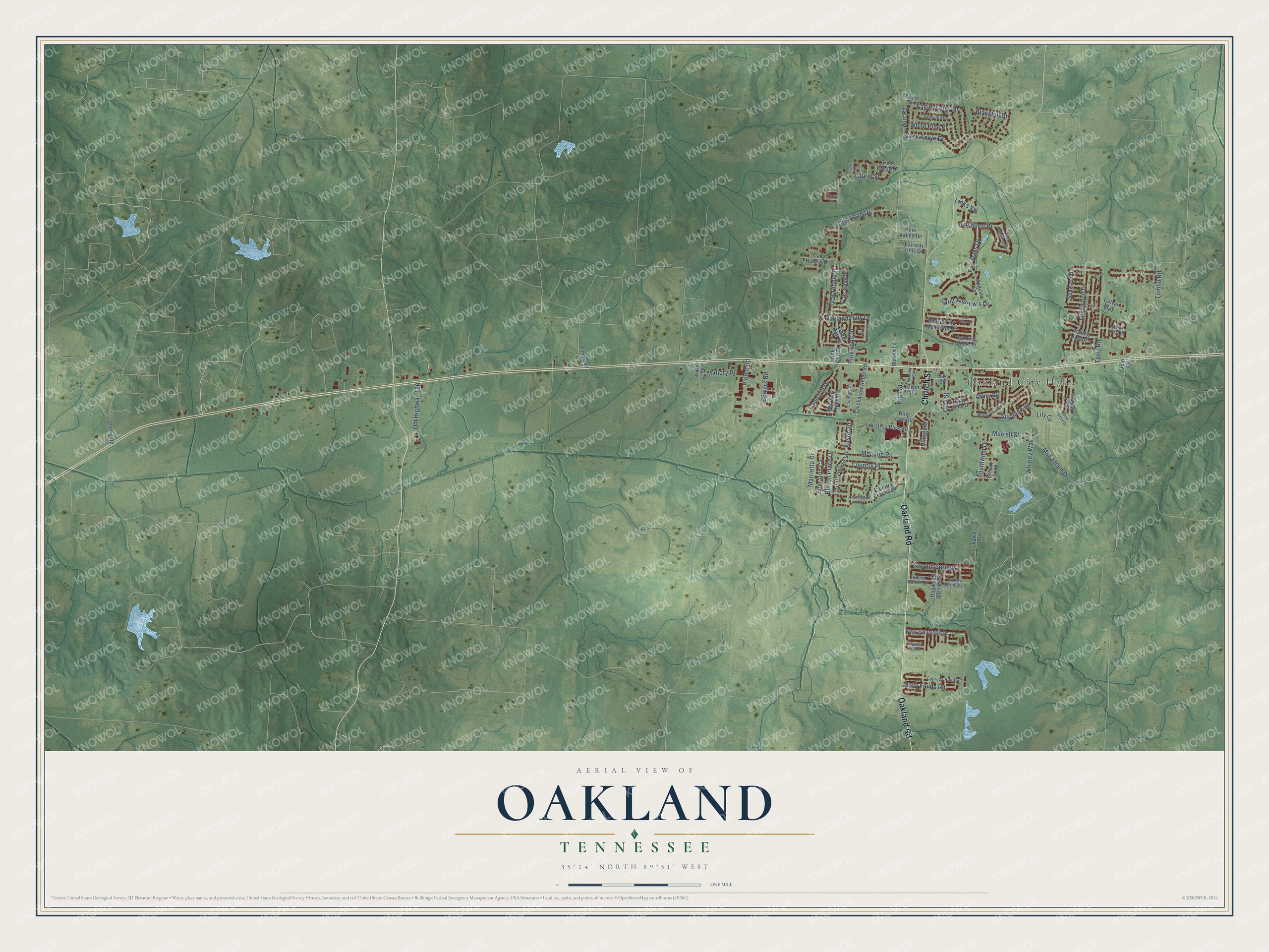 Full map of Oakland, Tennessee, with red buildings, printed street names and the land around them