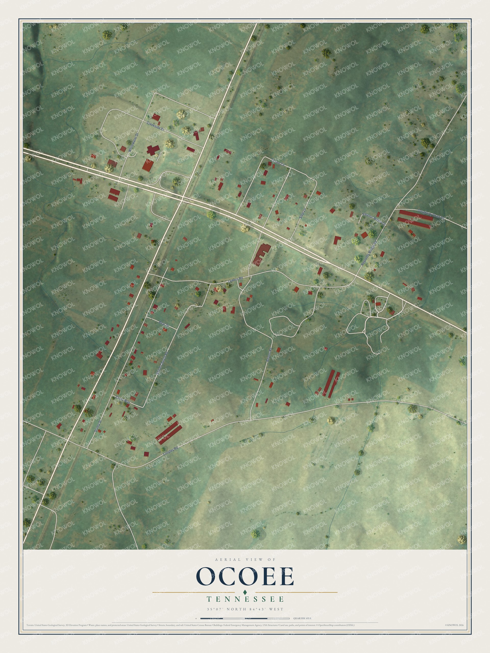 Full map of Ocoee, Tennessee, with red buildings, printed street names and the land around them