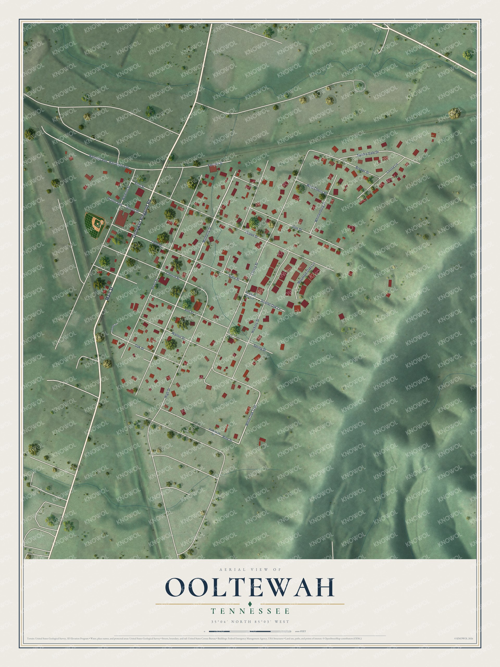 Full map of Ooltewah, Tennessee, with red buildings, printed street names and the land around them