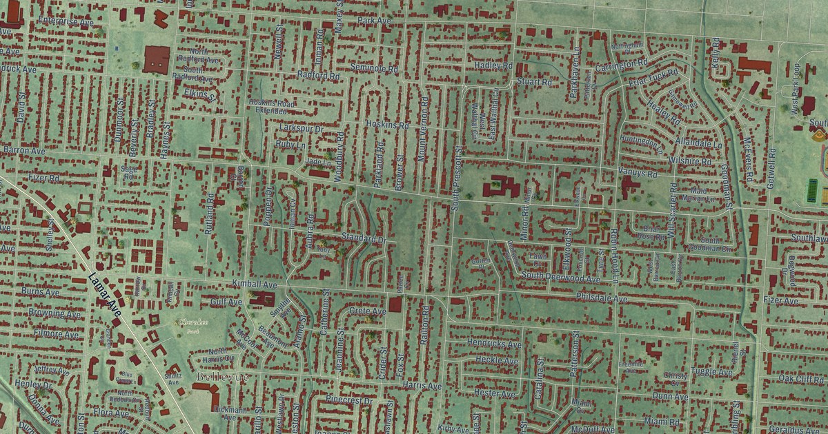Close-up of streets and buildings in Orange Mound, Tennessee