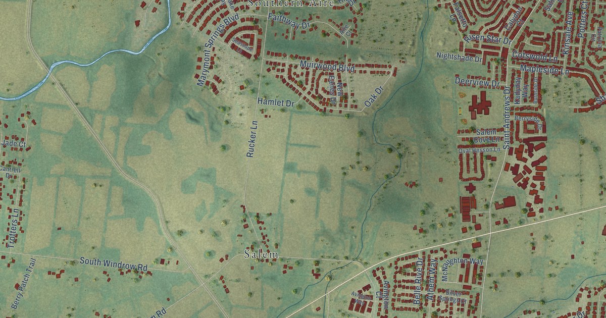 Close-up of streets and buildings in Overall, Tennessee