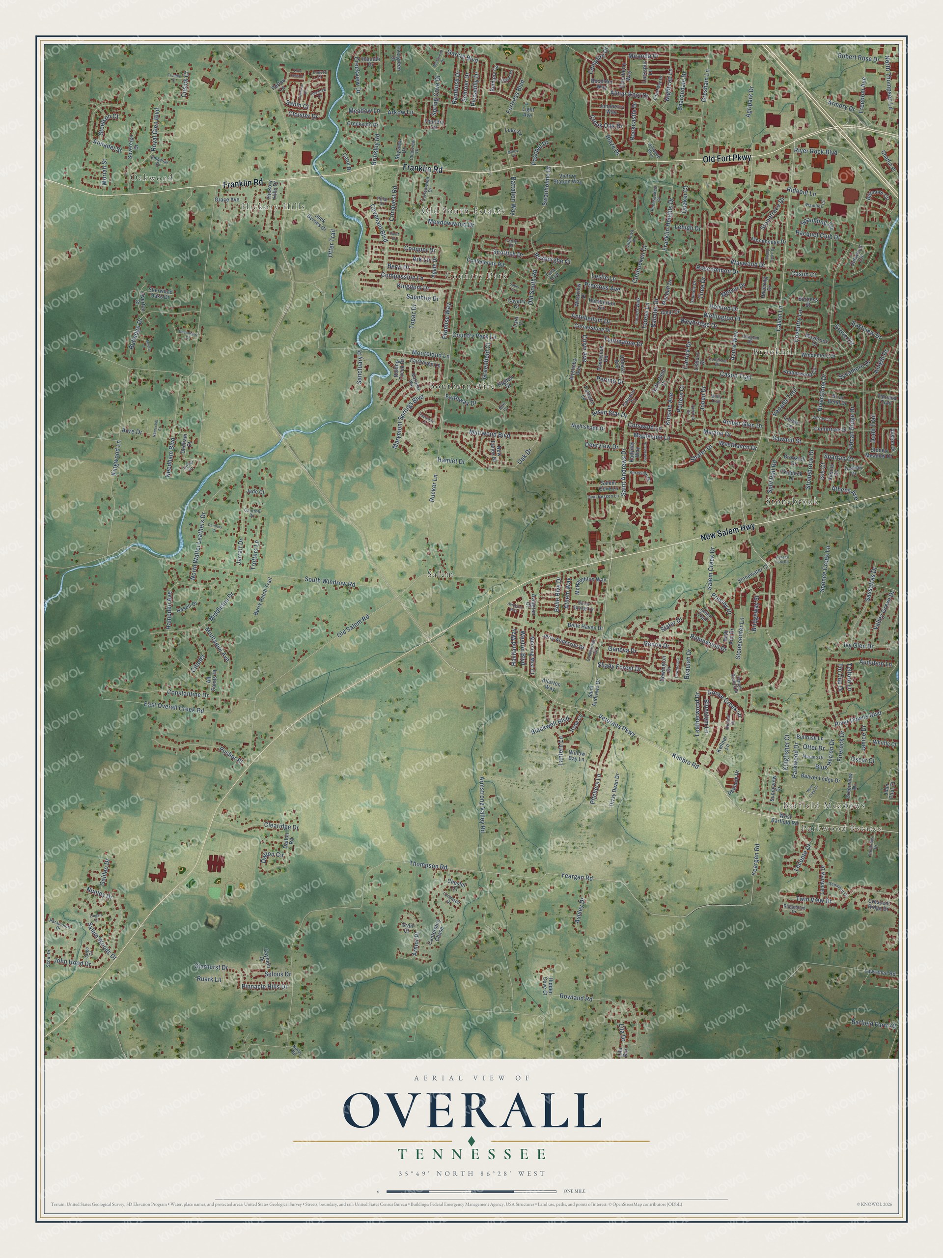 Full map of Overall, Tennessee, with red buildings, printed street names and the land around them