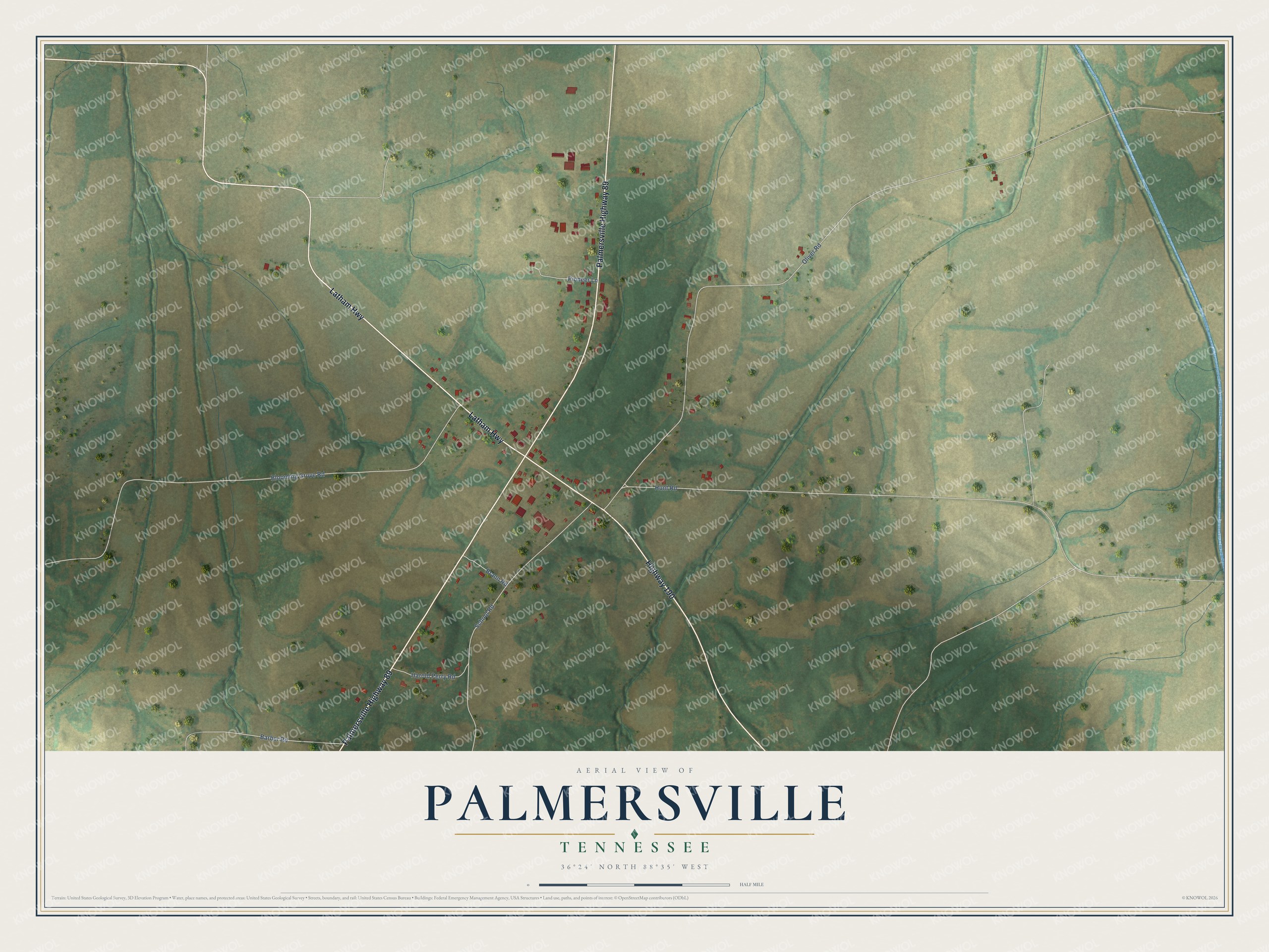 Full map of Palmersville, Tennessee, with red buildings, printed street names and the land around them