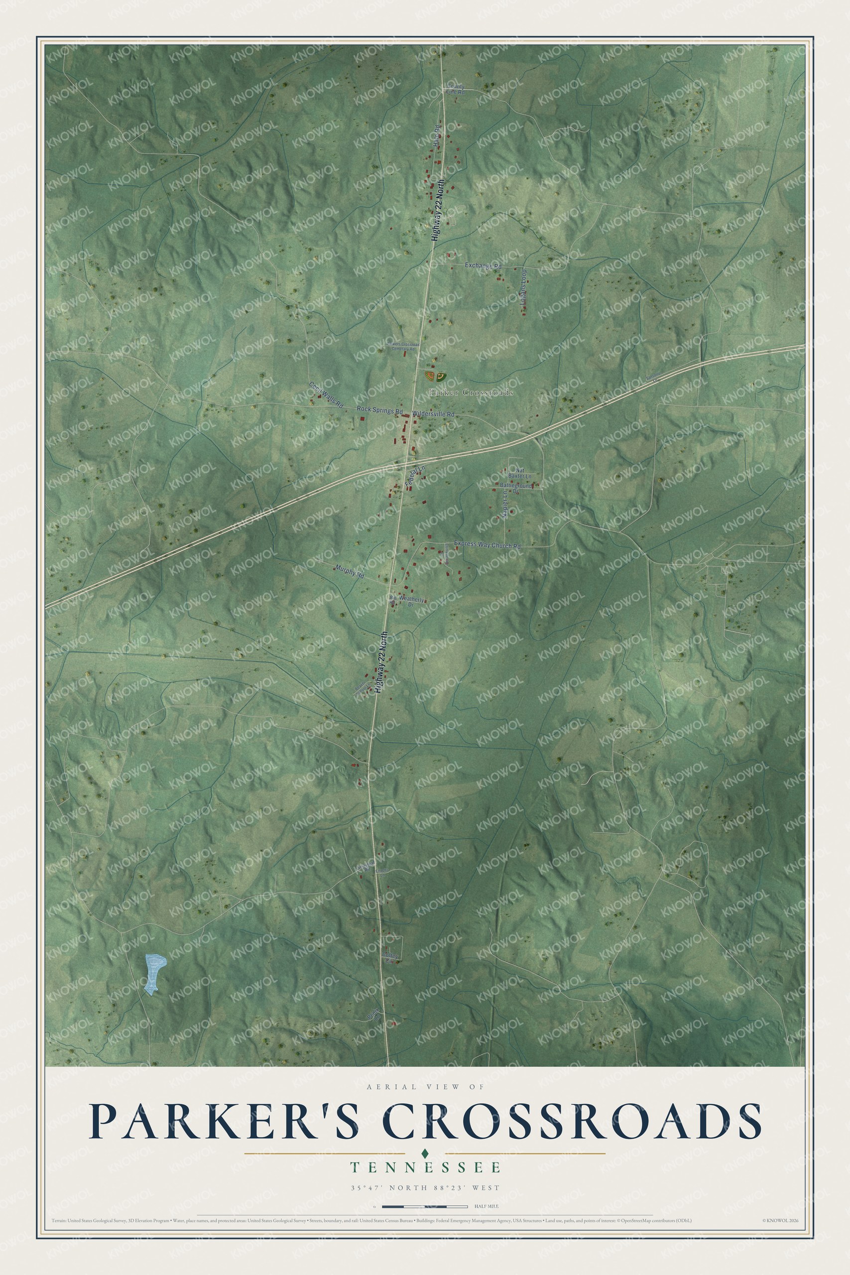 Watermarked full-map preview of Parker's Crossroads, Tennessee