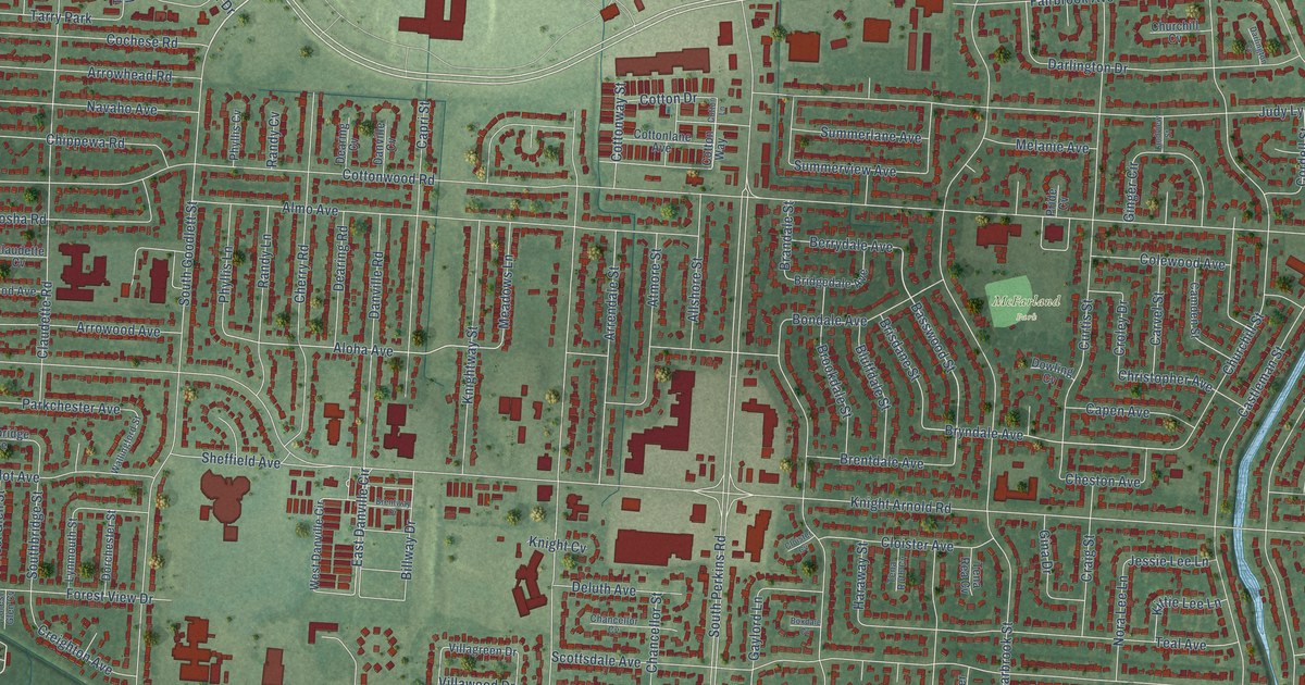 Close-up of streets and buildings in Parkway Village, Tennessee