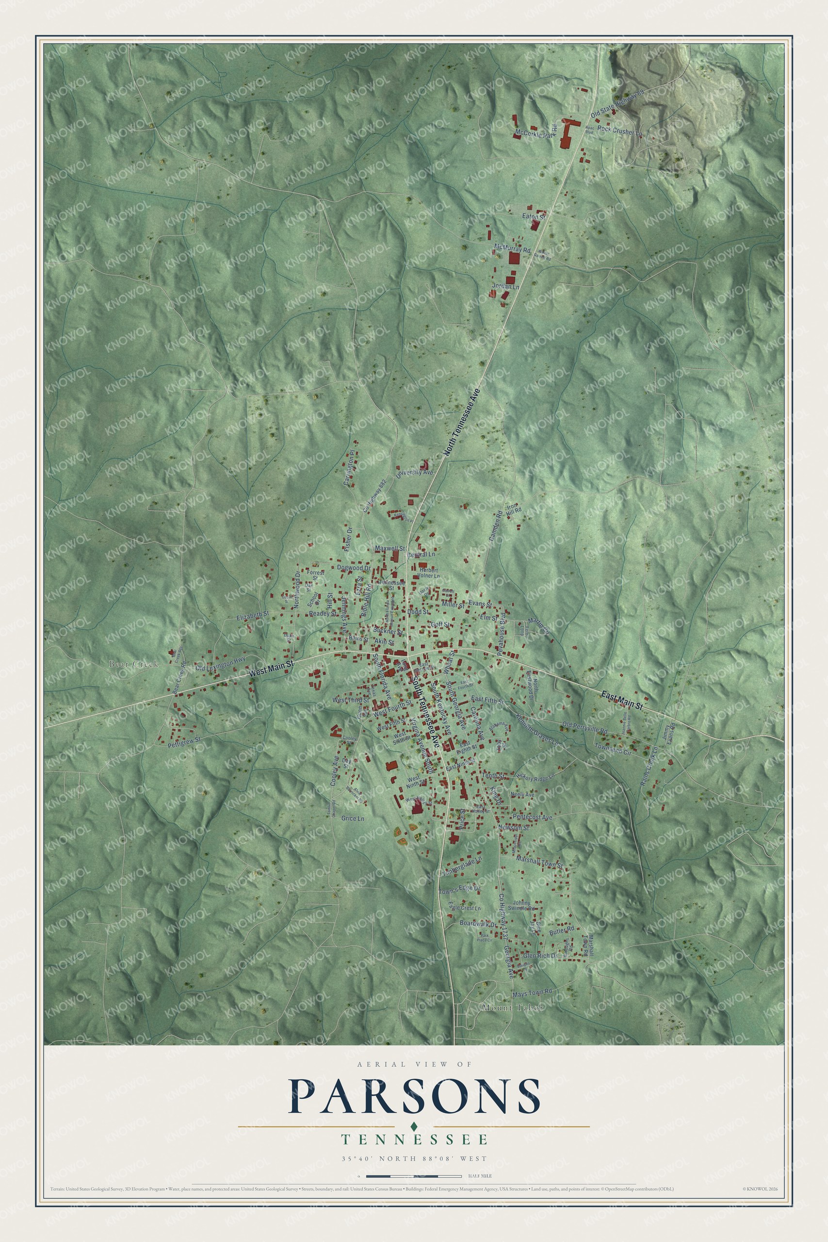 Watermarked full-map preview of Parsons, Tennessee