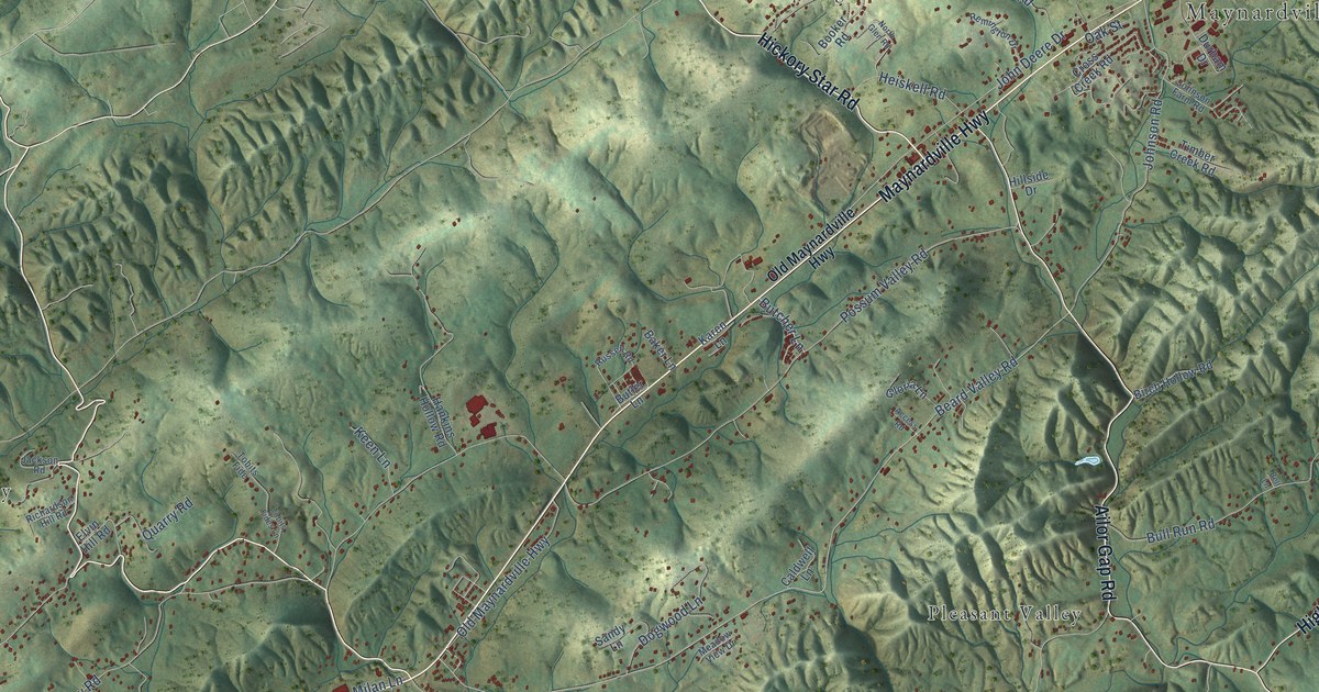 Close-up of streets and buildings in Paulette, Tennessee