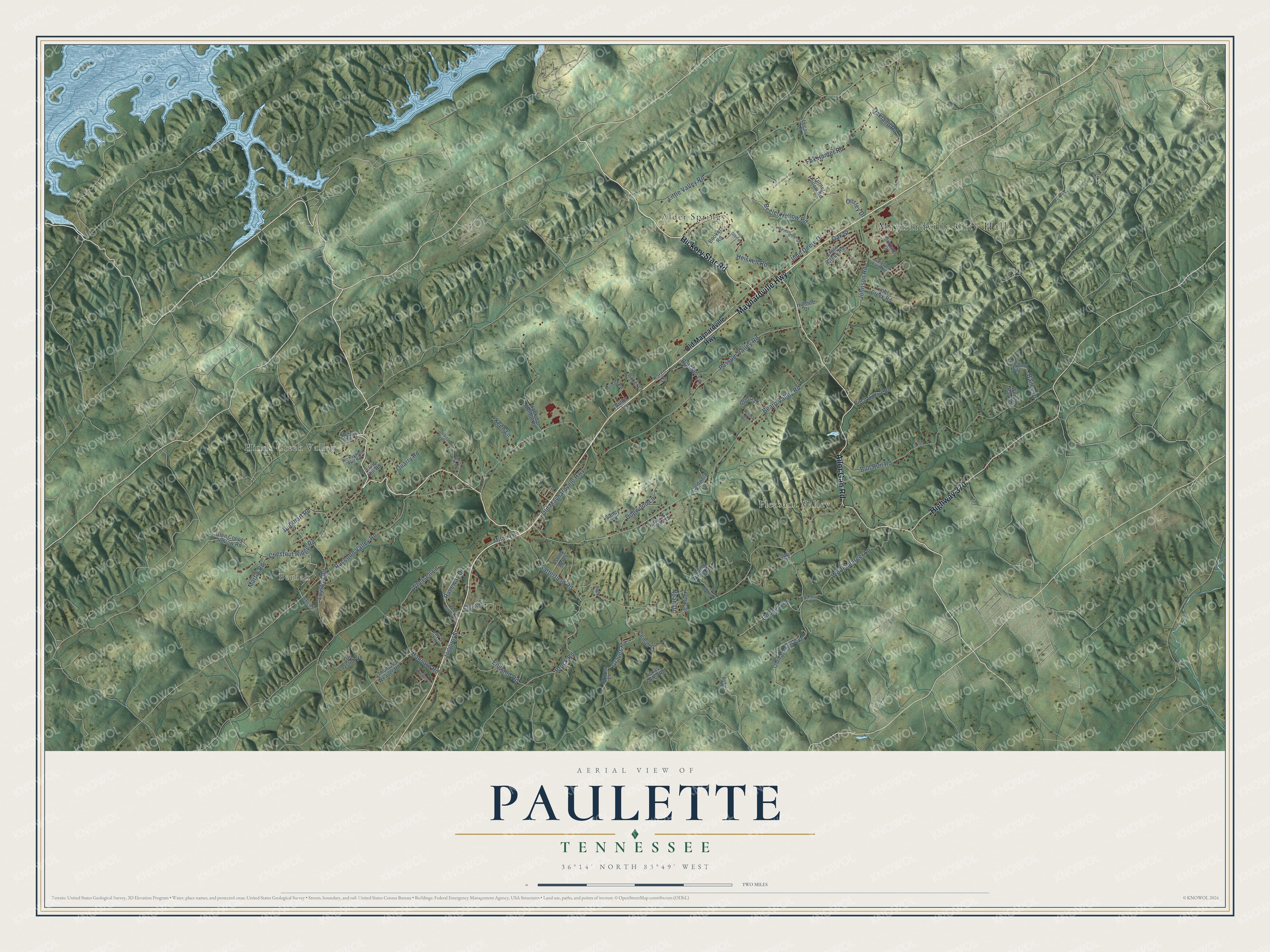 Full map of Paulette, Tennessee, with red buildings, printed street names and the land around them