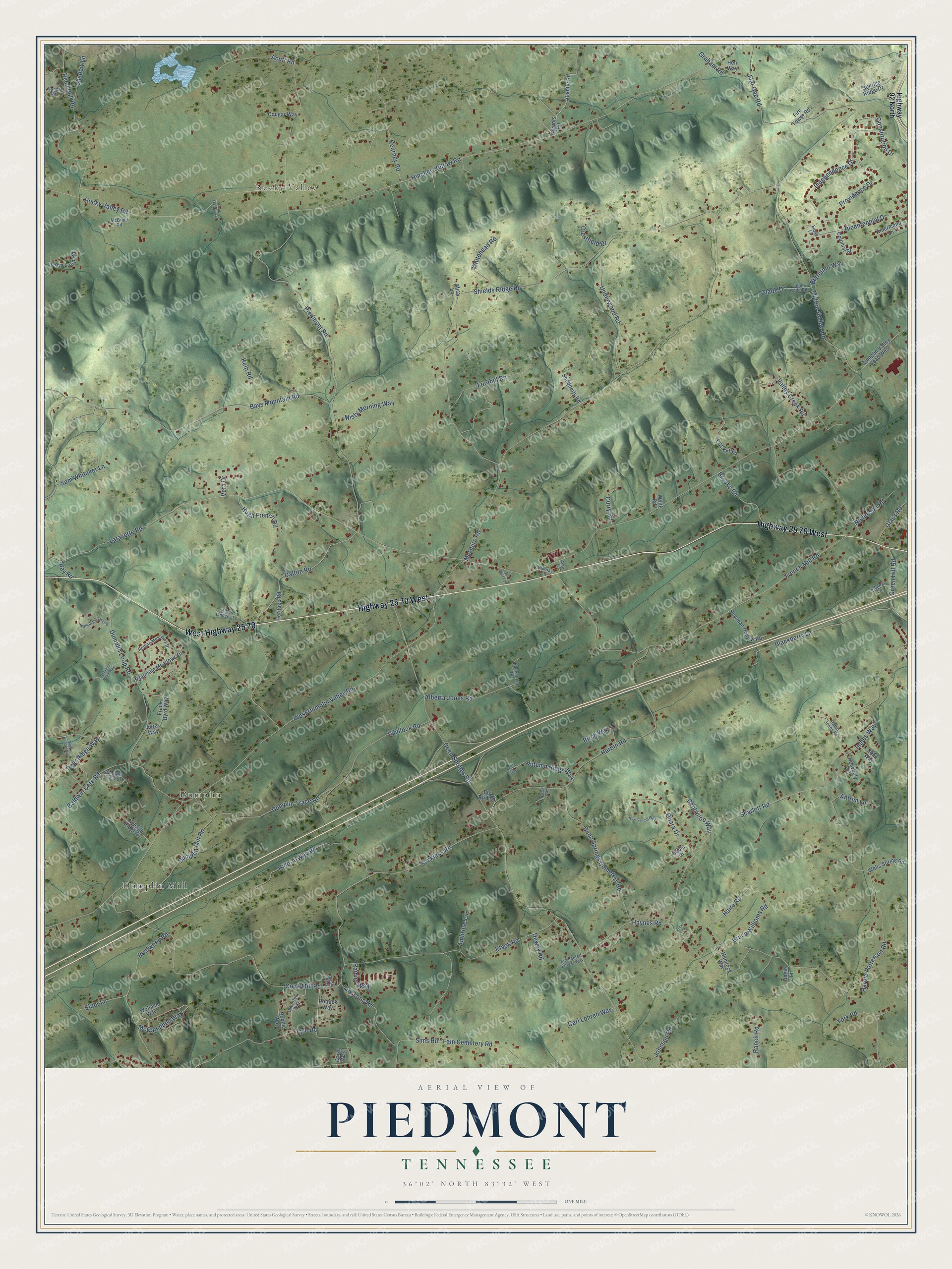 Full map of Piedmont, Tennessee, with red buildings, printed street names and the land around them