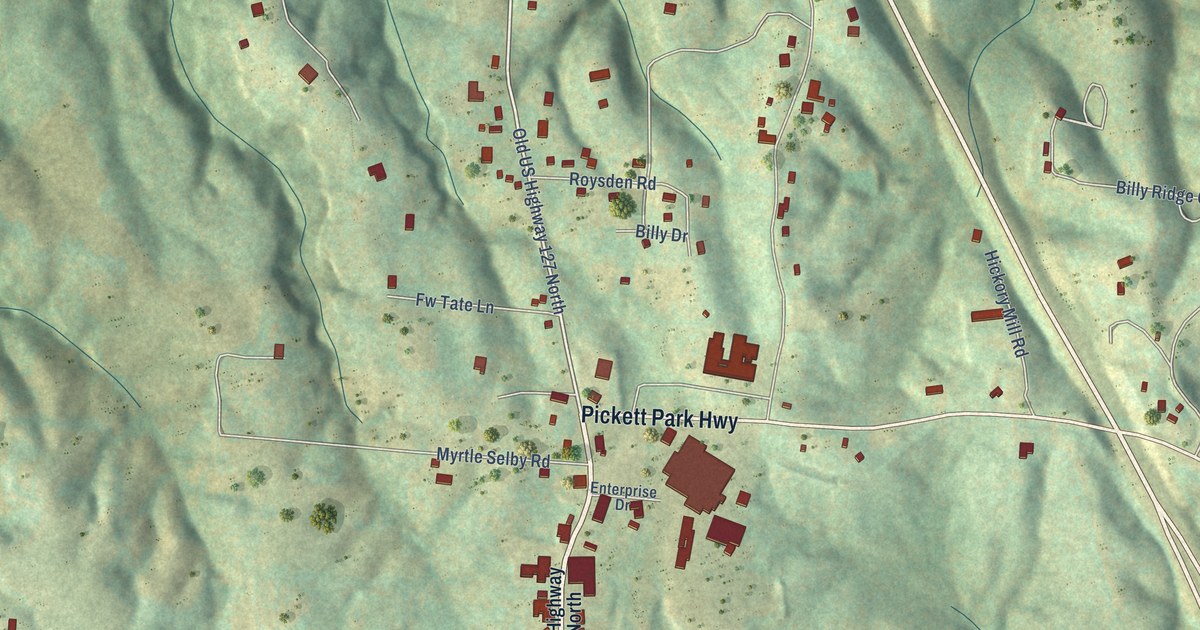 Close-up of streets and buildings in Pine Haven, Tennessee