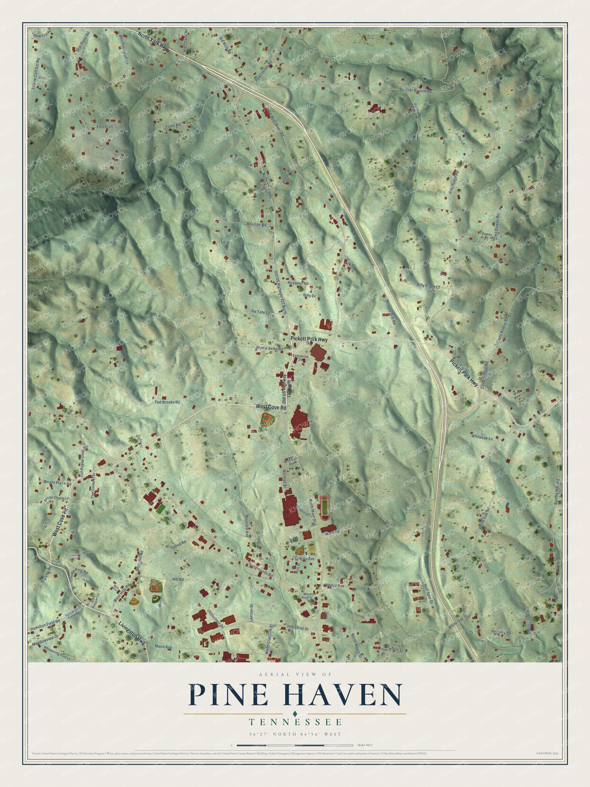 Full map of Pine Haven, Tennessee, with red buildings, printed street names and the land around them