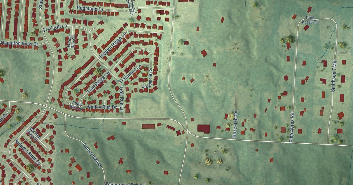 Close-up of streets and buildings in Pisgah, Tennessee