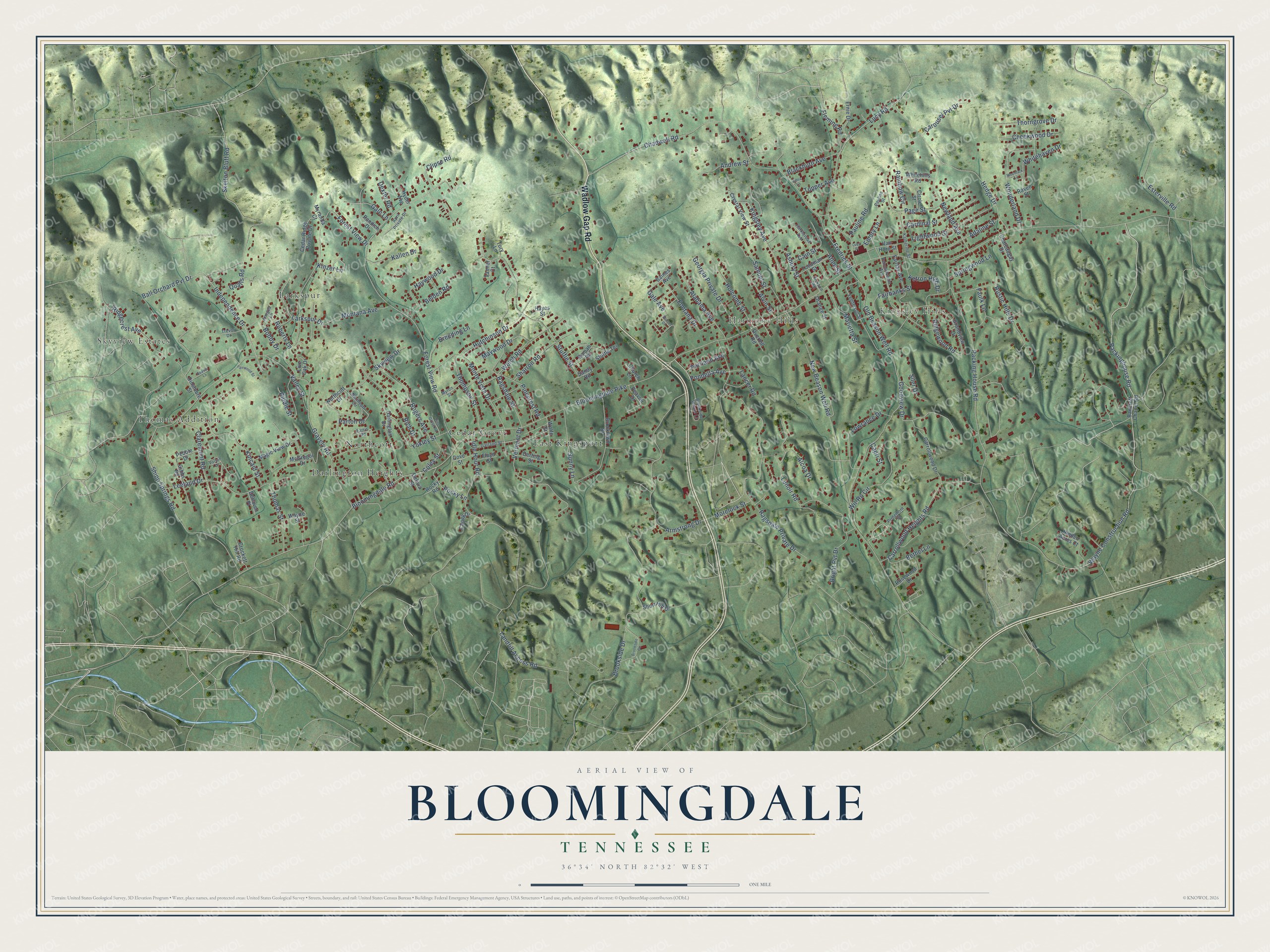 Full map of Bloomingdale, Tennessee, with red buildings, printed street names and the land around them