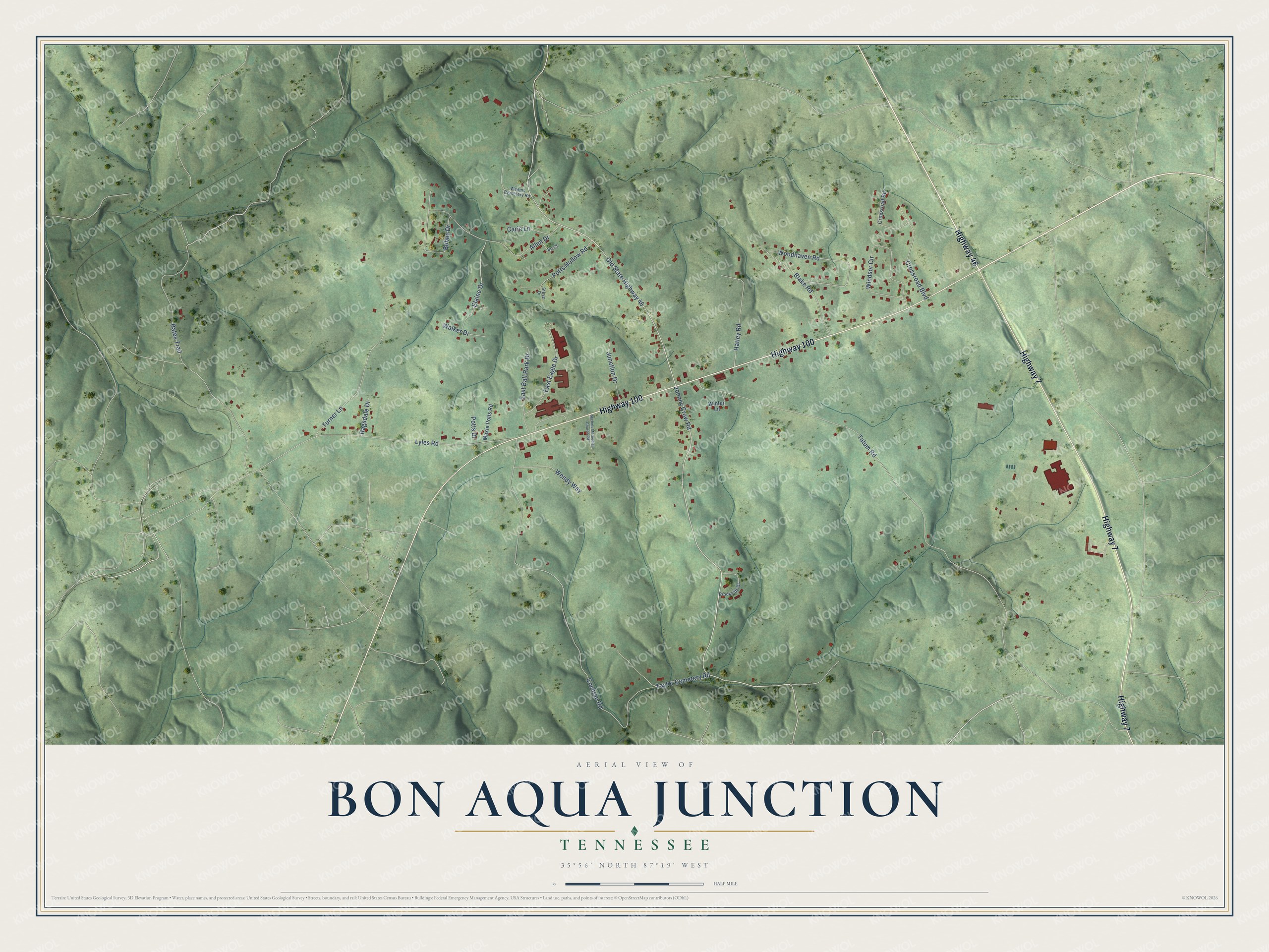 Full map of Bon Aqua Junction, Tennessee, with red buildings, printed street names and the land around them