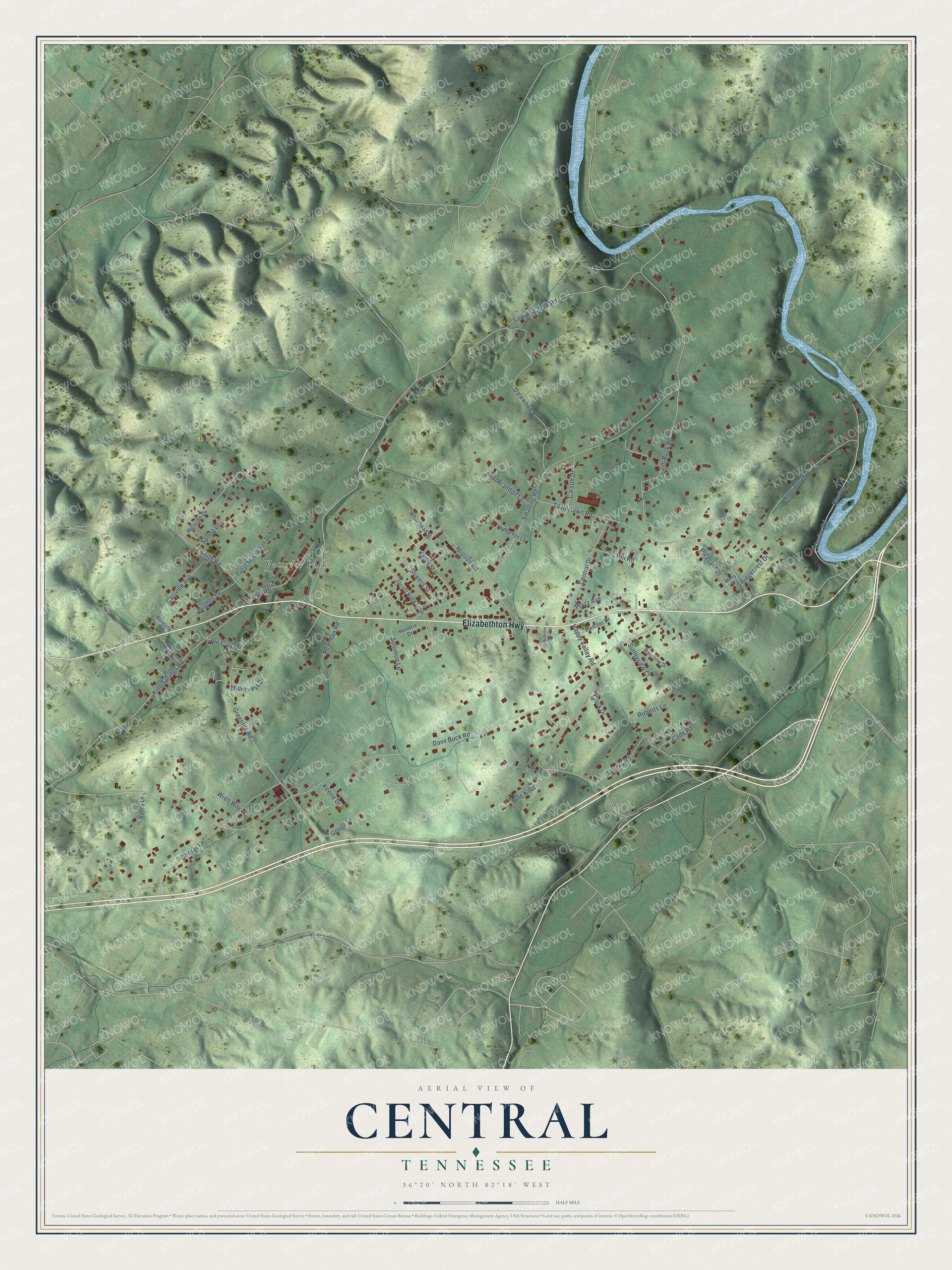 Full map of Central, Tennessee, with red buildings, printed street names and the land around them