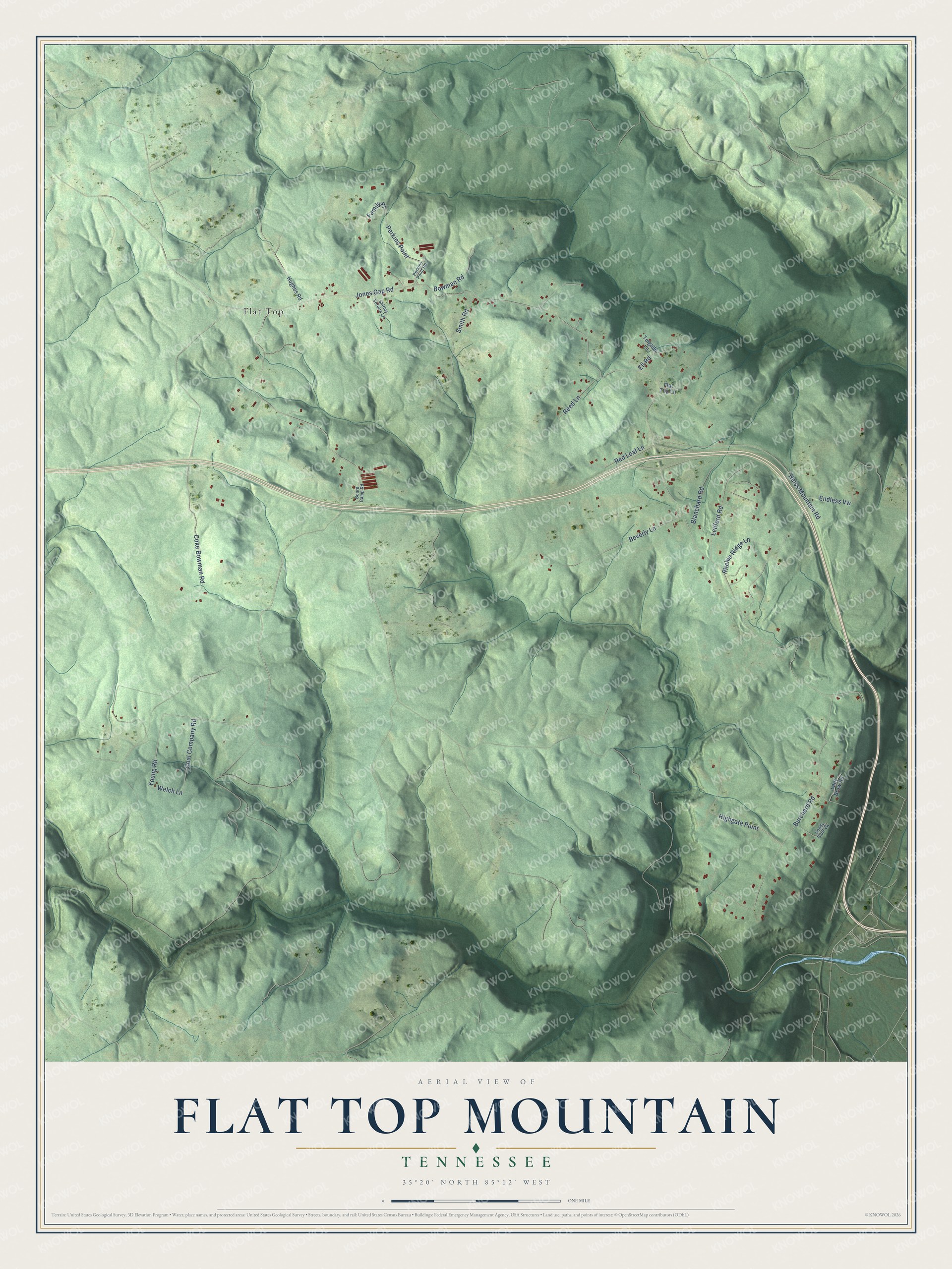 Full map of Flat Top Mountain, Tennessee, with red buildings, printed street names and the land around them