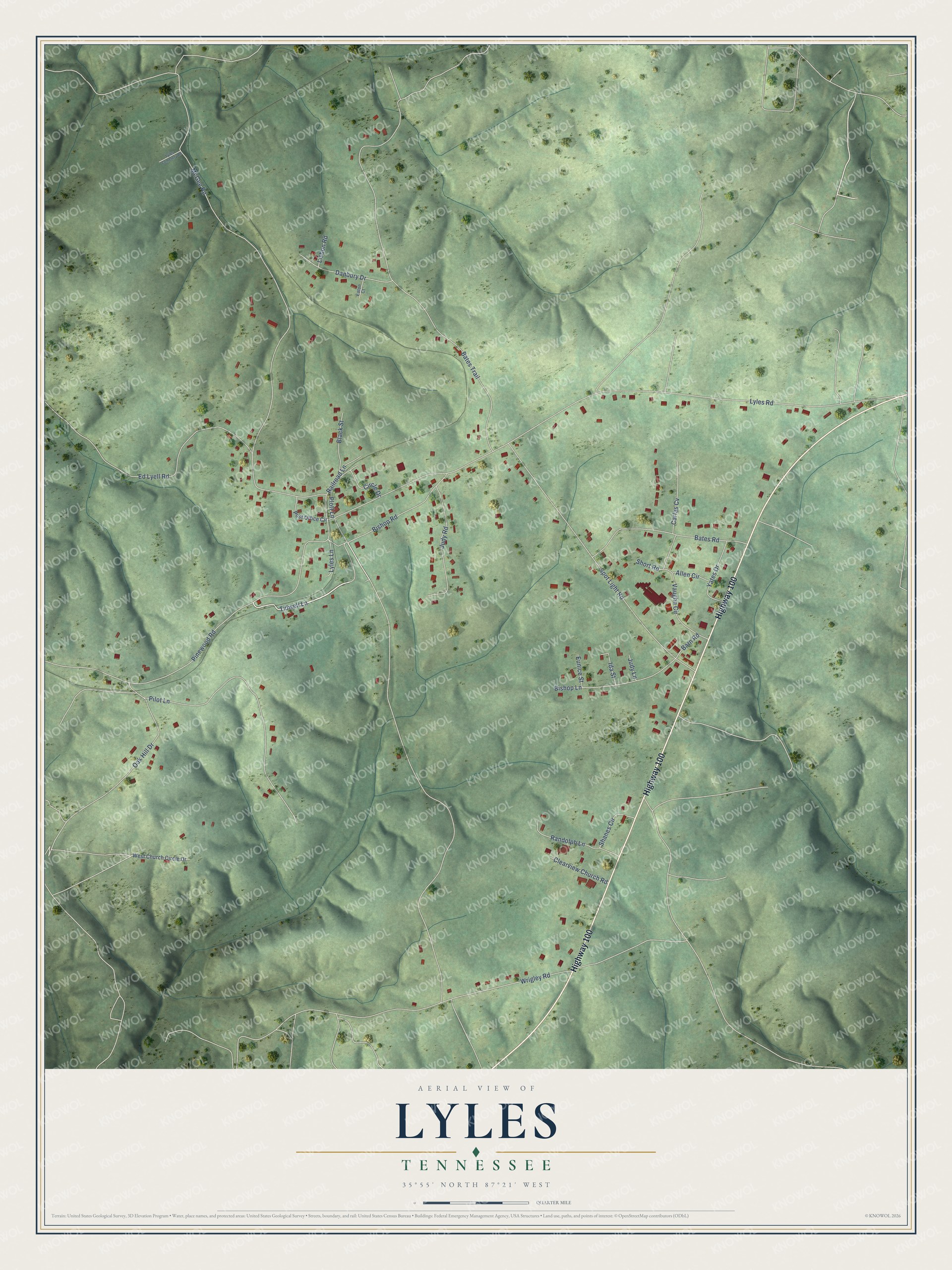 Full map of Lyles, Tennessee, with red buildings, printed street names and the land around them
