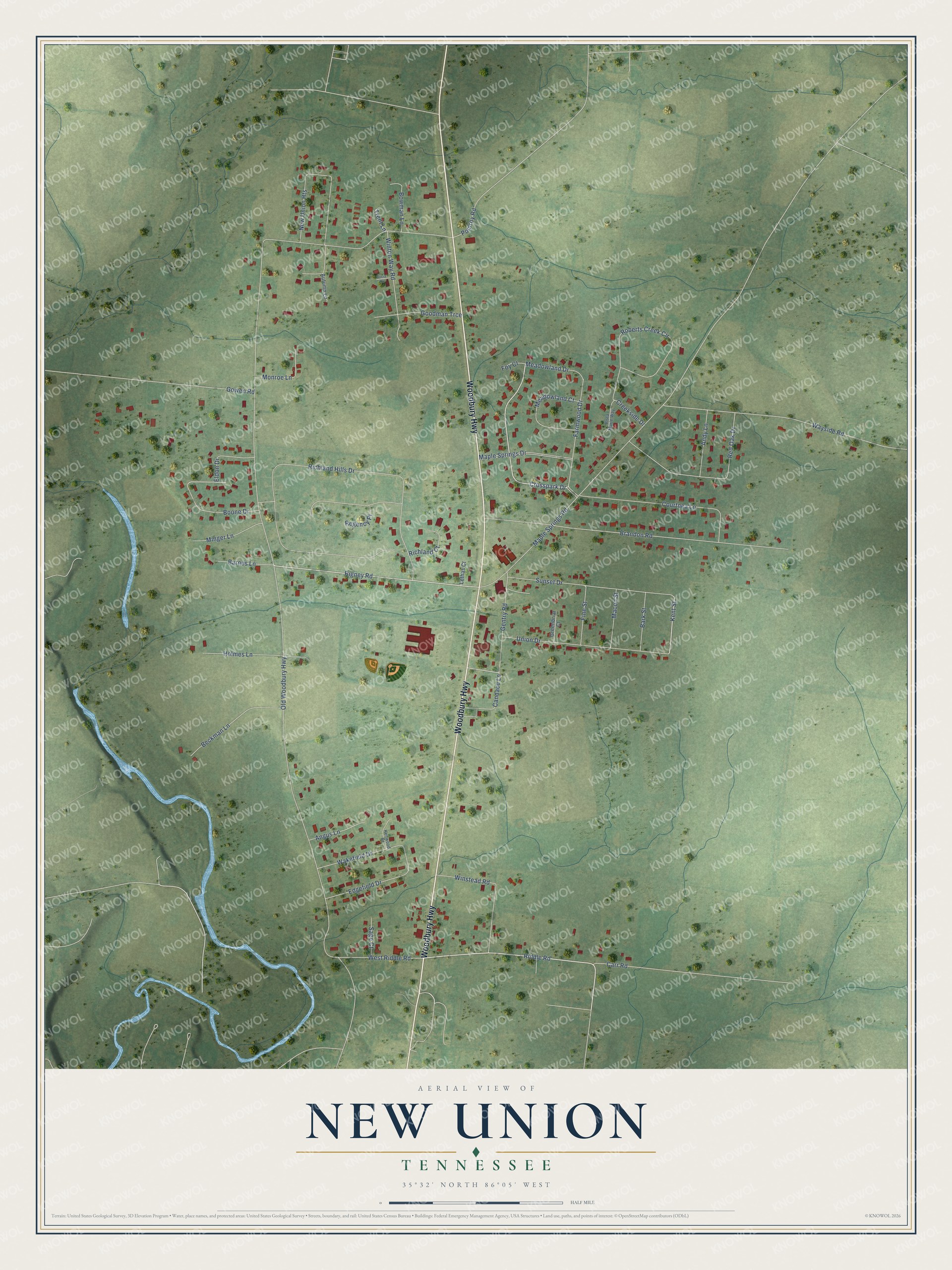 Full map of New Union, Tennessee, with red buildings, printed street names and the land around them