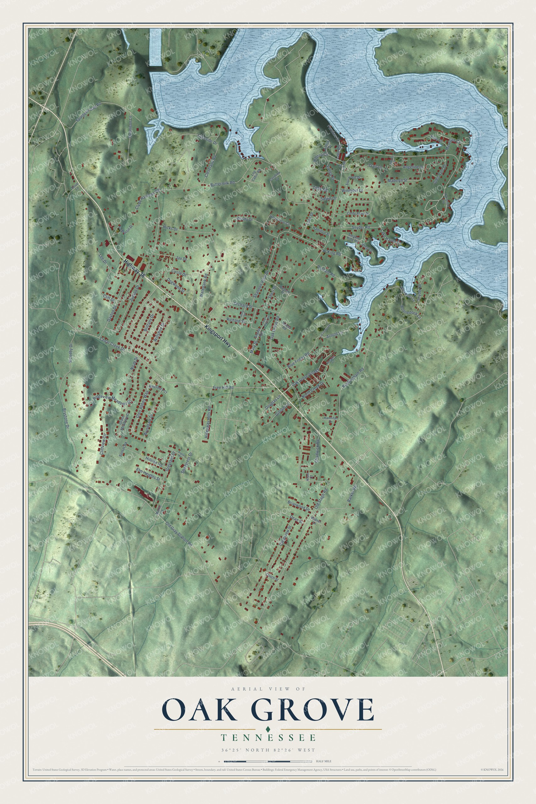 Full map of Oak Grove, Tennessee, with red buildings, printed street names and the land around them