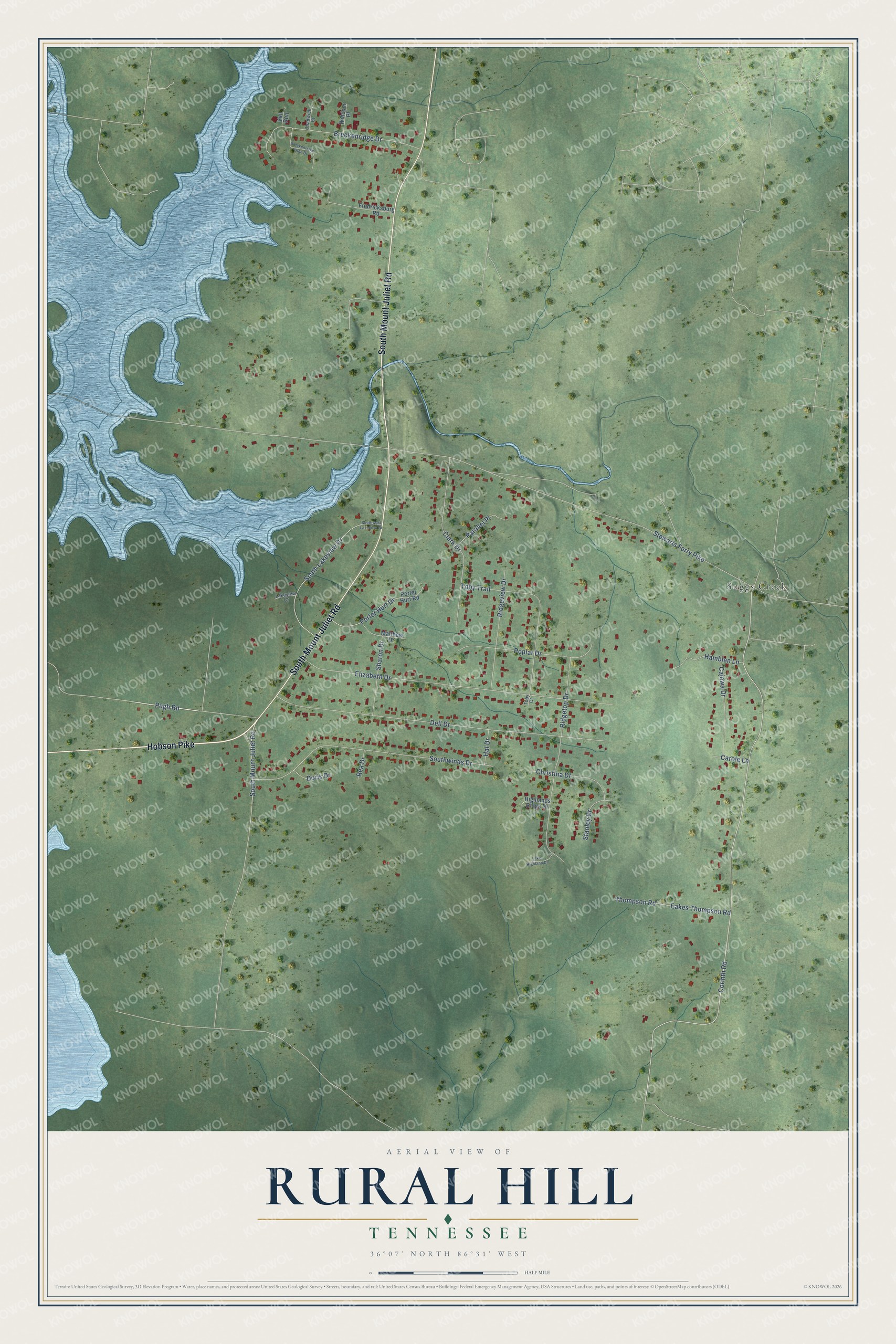 Full map of Rural Hill, Tennessee, with red buildings, printed street names and the land around them