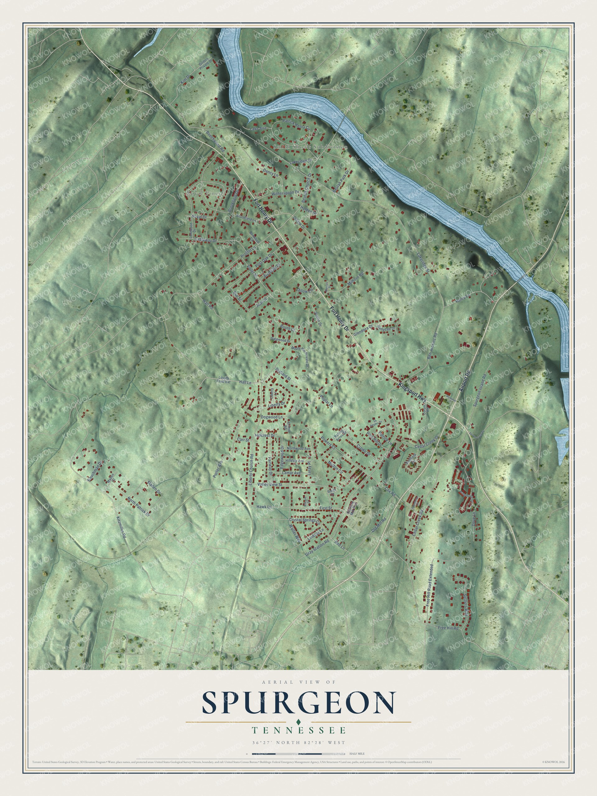 Full map of Spurgeon, Tennessee, with red buildings, printed street names and the land around them