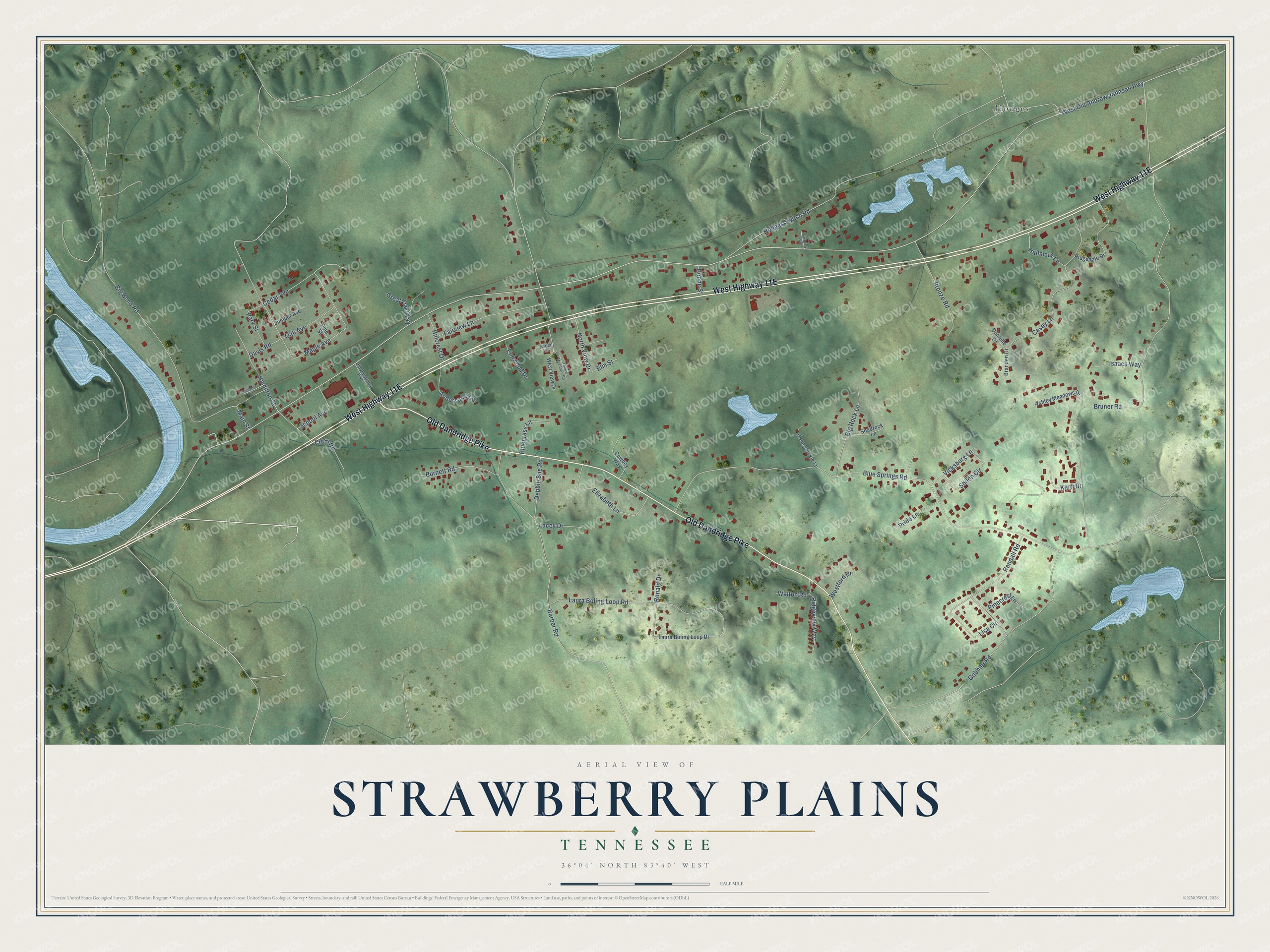 Full map of Strawberry Plains, Tennessee, with red buildings, printed street names and the land around them