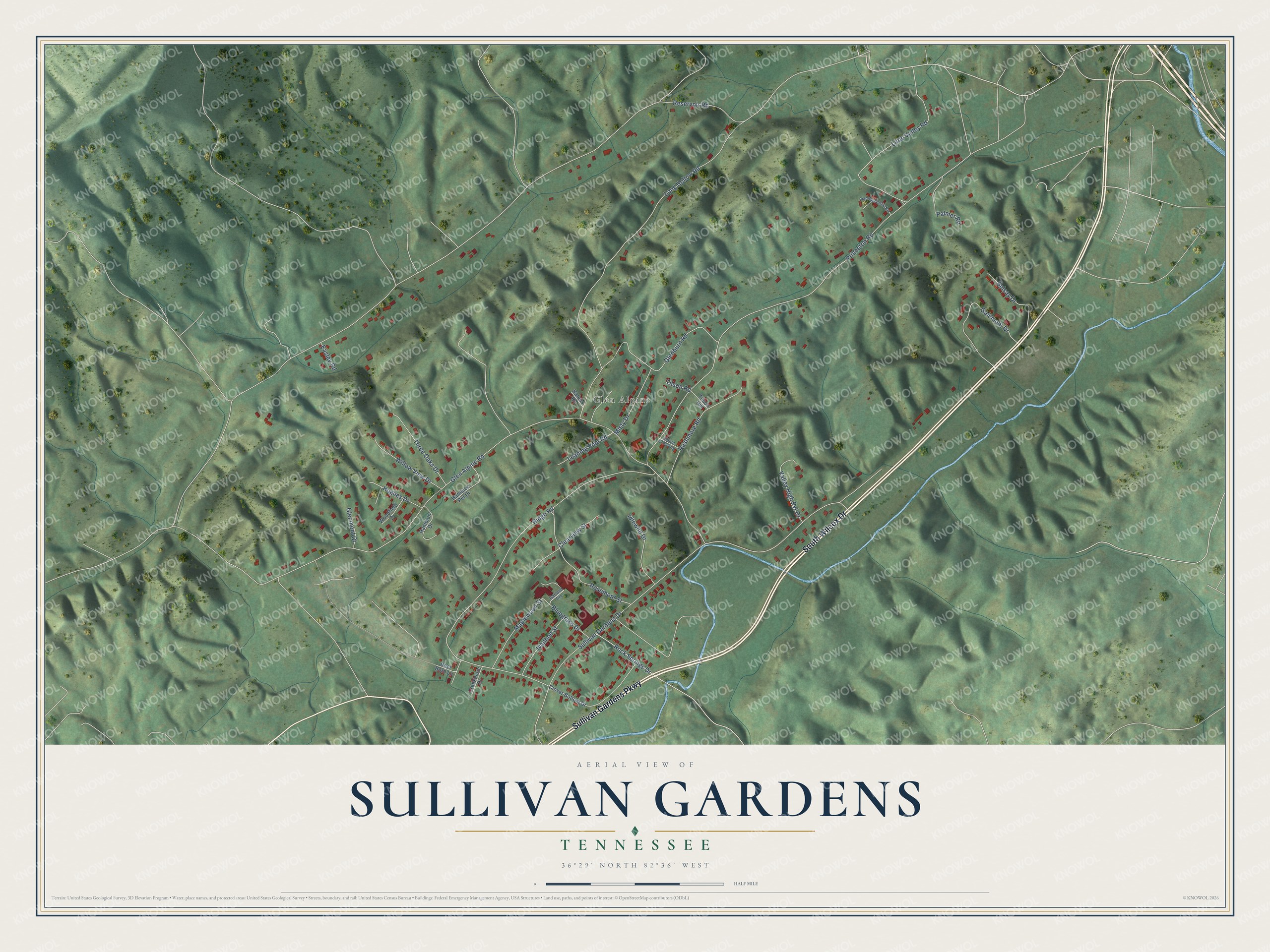Full map of Sullivan Gardens, Tennessee, with red buildings, printed street names and the land around them