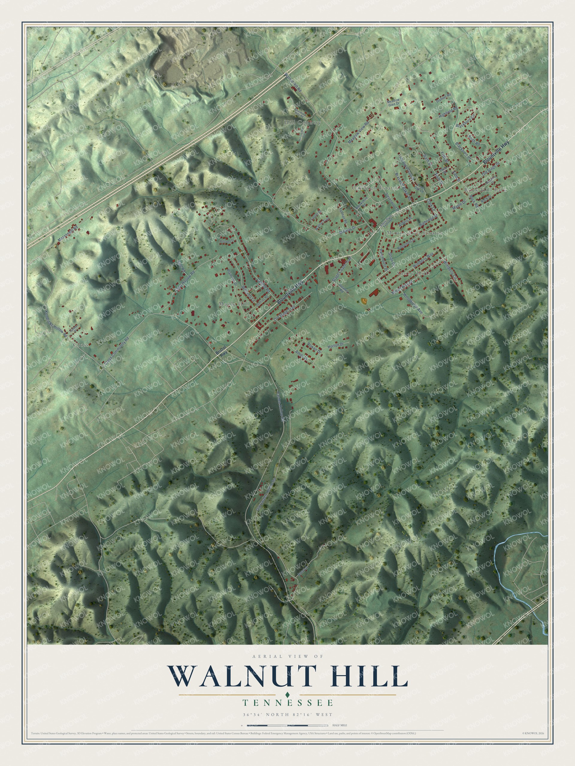 Full map of Walnut Hill, Tennessee, with red buildings, printed street names and the land around them