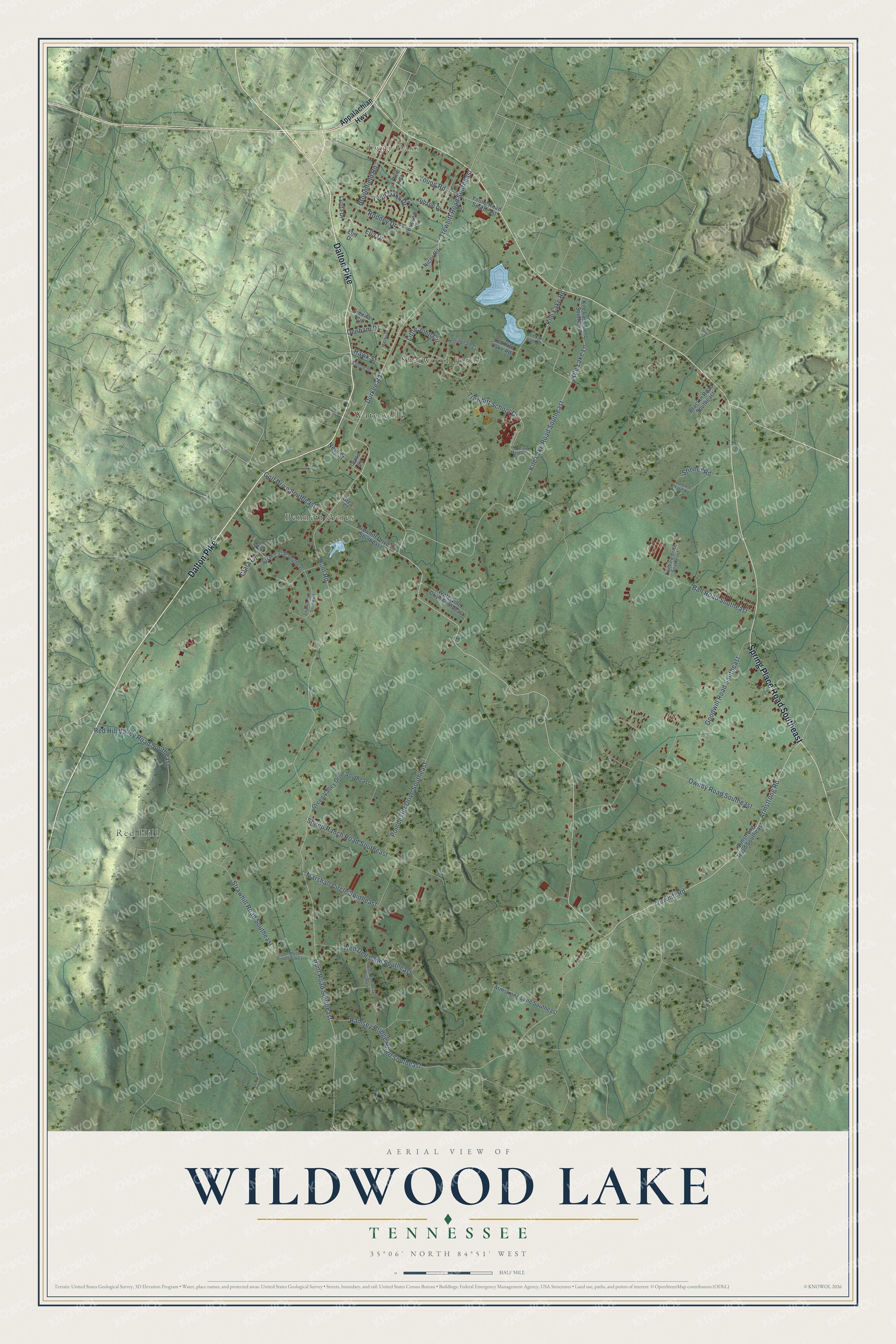 Full map of Wildwood Lake, Tennessee, with red buildings, printed street names and the land around them