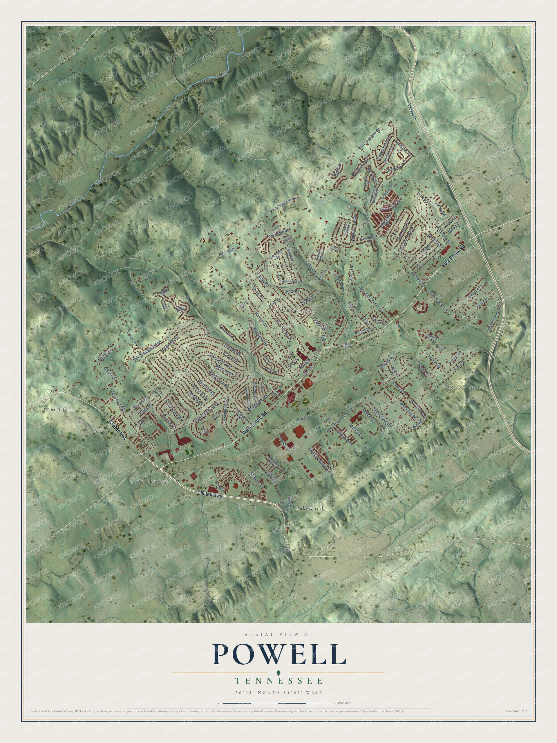Watermarked full-map preview of Powell, Tennessee