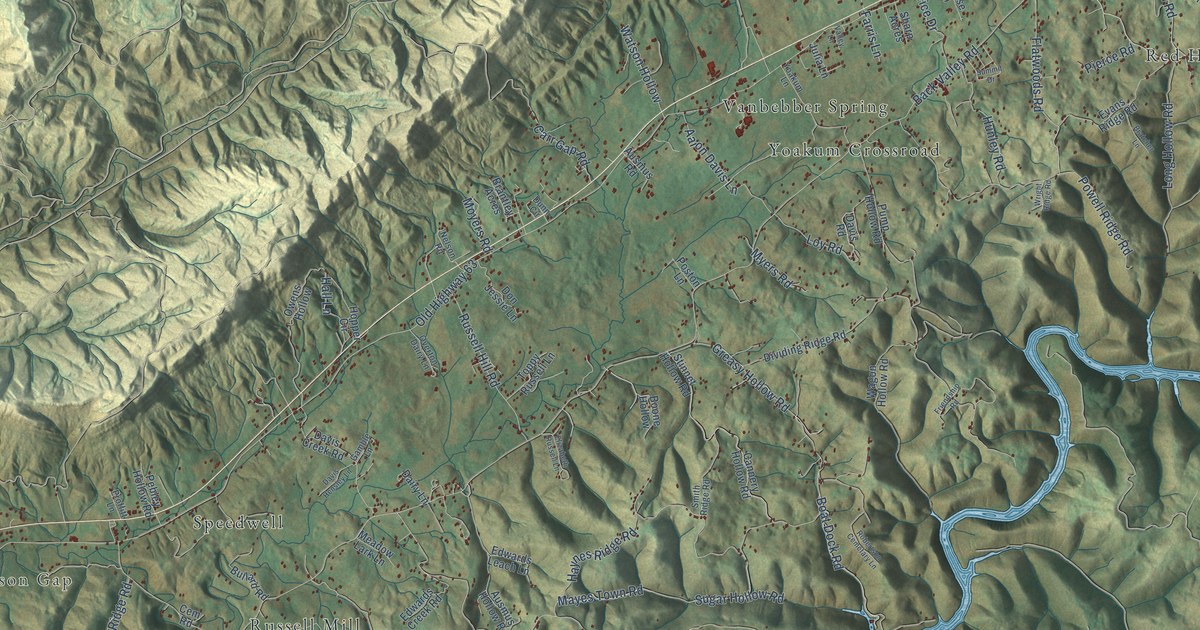 Close-up of streets and buildings in Powell Valley, Tennessee