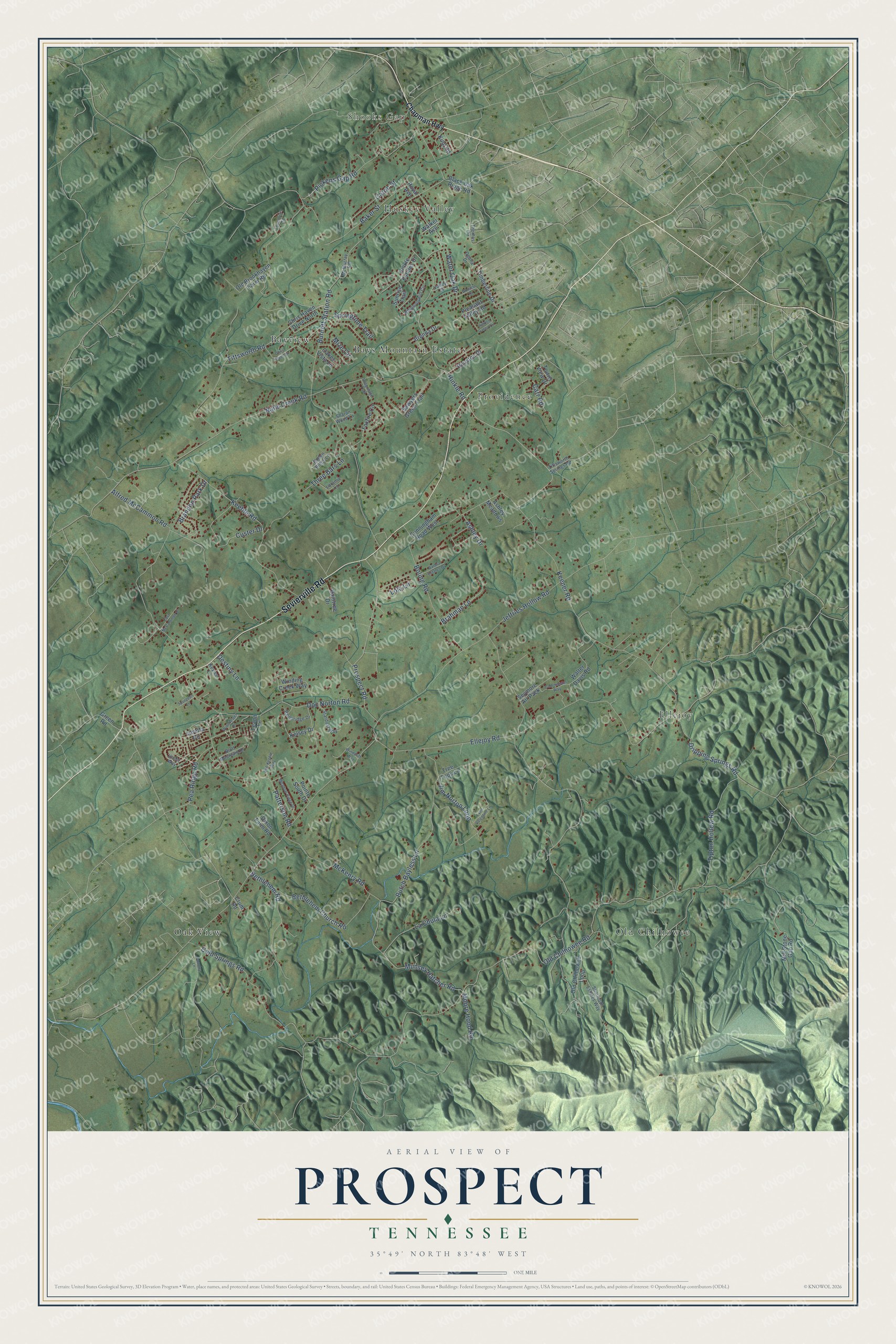 Full map of Prospect, Tennessee, with red buildings, printed street names and the land around them